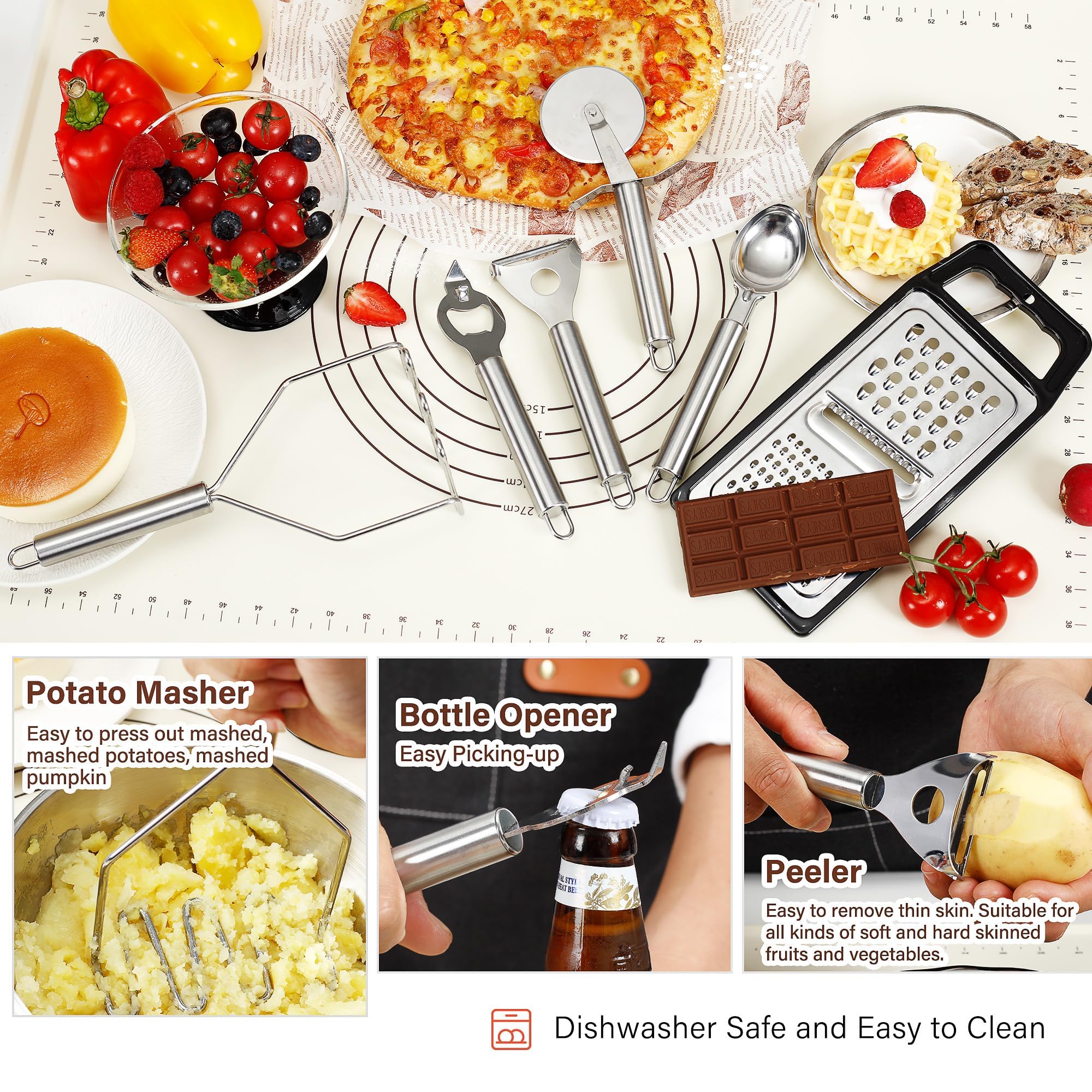 küchenhelfer set | 43 teiliges Kochlöffel Set Silikon Kochutensilien Kochbesteck Set Antihaft Kochset Küchenutensilien mit Edelstahlgriff, Spülmaschinenfest (schwarz)