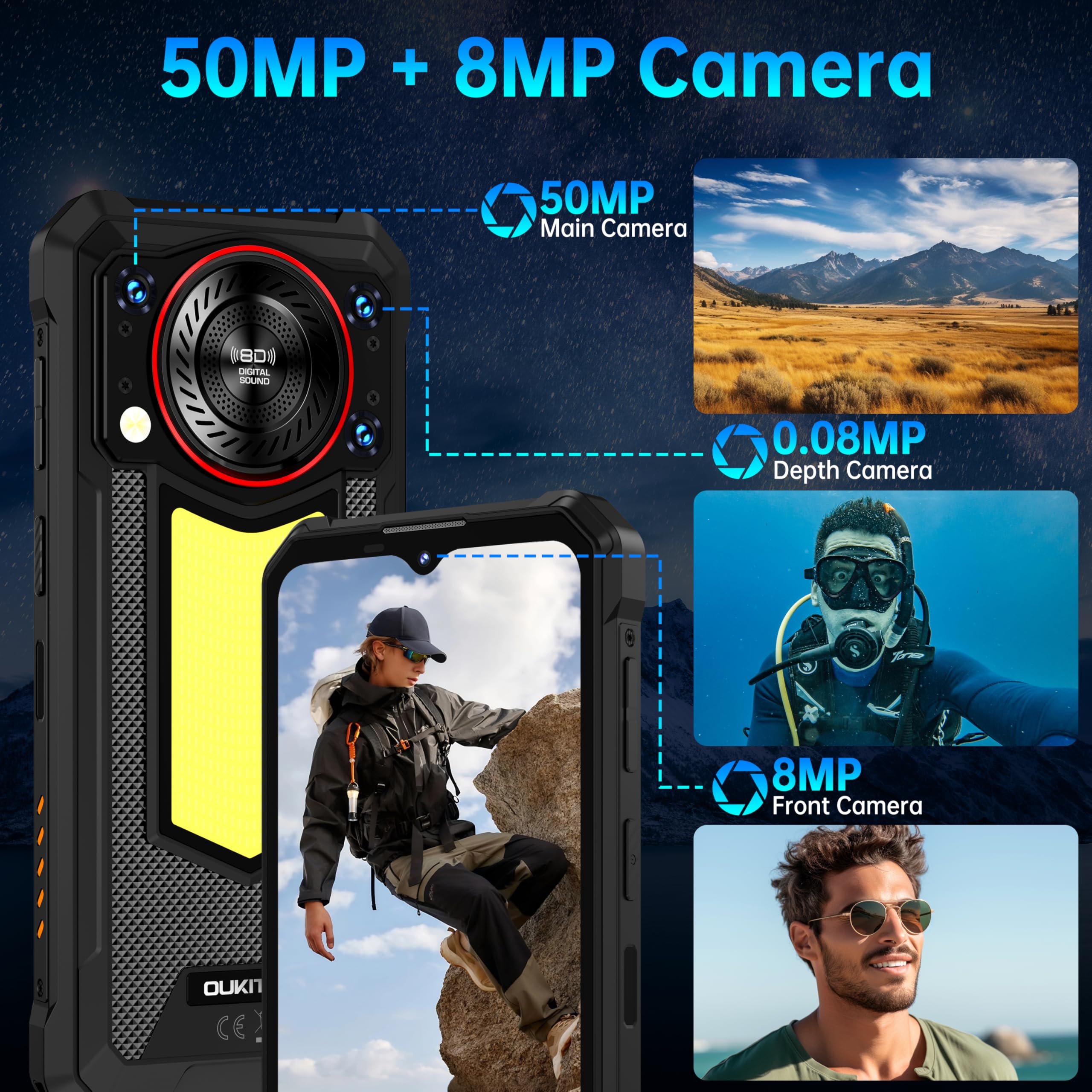 OUKITEL WP53 Pro Rugged Phone Unlocked Android 15-24GB+256GB Rugged Smartphone with Camping Light, 11000mAh Battery 128dB Louder Speaker, 6.52" HD+ Phone, 50MP Main Camera Waterproof Cell Phone NFC