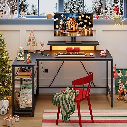 Miniatura 70 de Bestier Escritorio en forma de L de 58 L con tomas de corriente, escritorio esquinero para oficina en casa con estantes reversibles y luces LED,