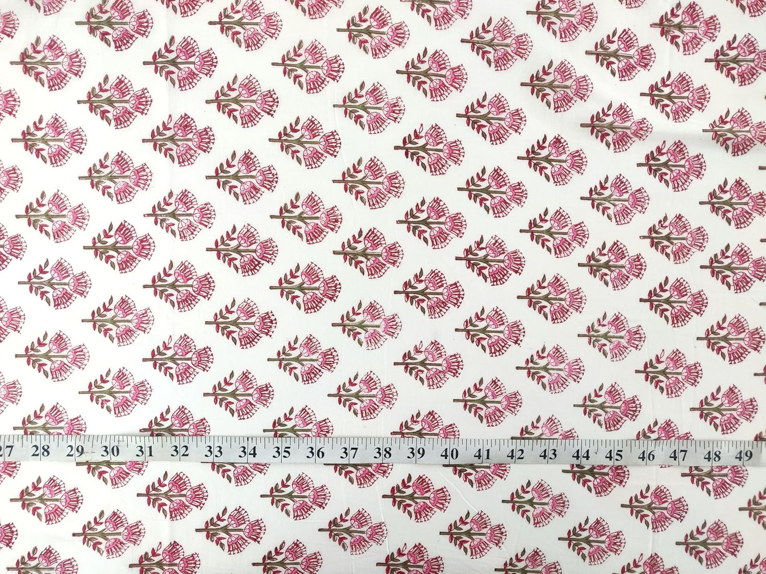 AVKA Studio Hand Block Print Fabric by the yard - PRECUT 3 yard 42 Inch Width - 100% Cotton Material - White Pink & Red Floral Pattern - Light Weight Indian Cloth for making Summer Dress tops projects