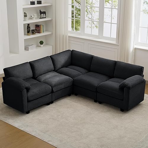 Miniatura 21 de Sofá nube seccional en forma de V de 114 pulgadas con otomana, sofás modulares de 7 plazas para sala de estar, sofá de pana de gran tamaño con