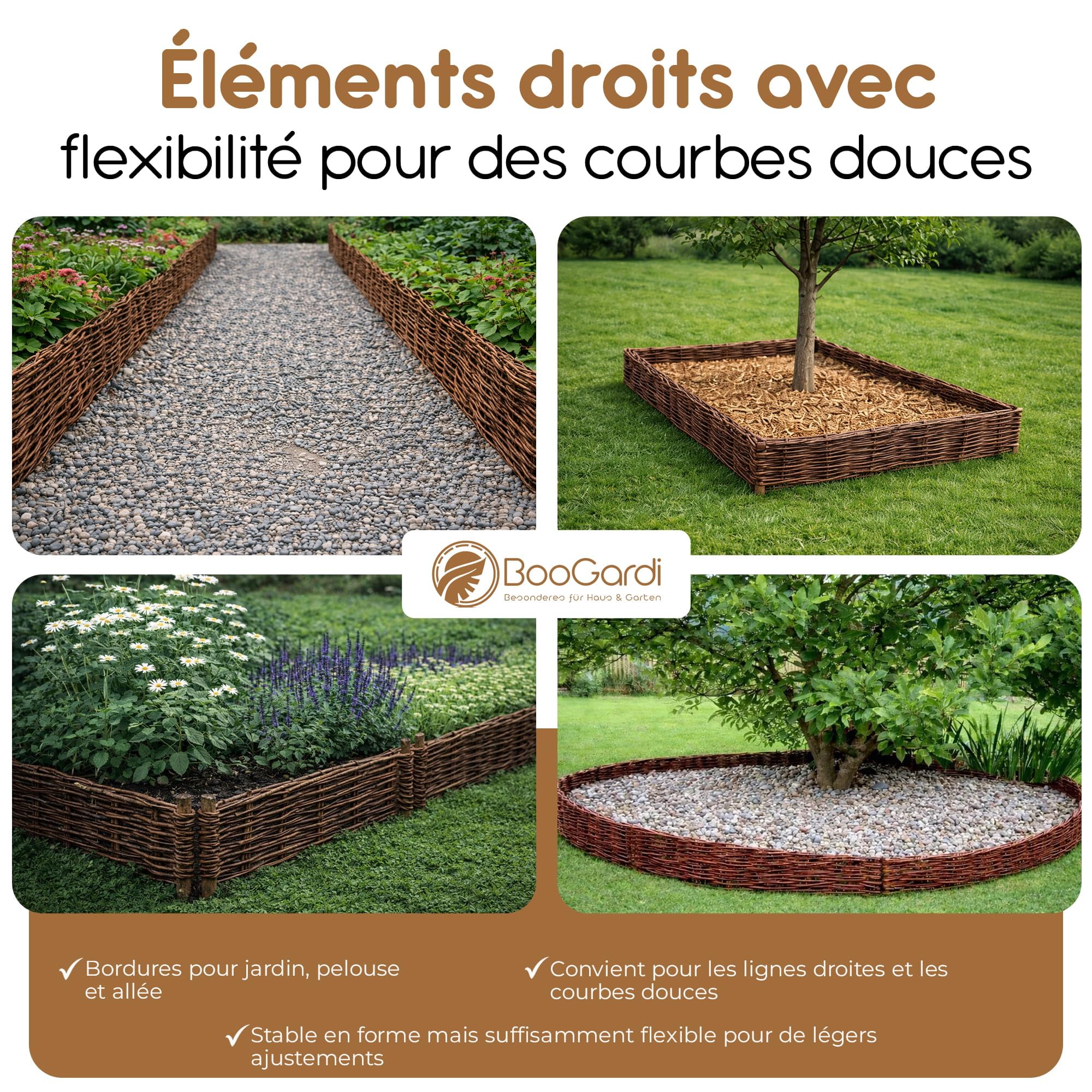 BOOGARDI Bordure de Jardin en Bois · 12 Tailles · 10x clôture en Osier Hauteur 30 cm x Longueur 100 cm · Barrière à Planter pour Parterre · Bordure de pelouse en Osier