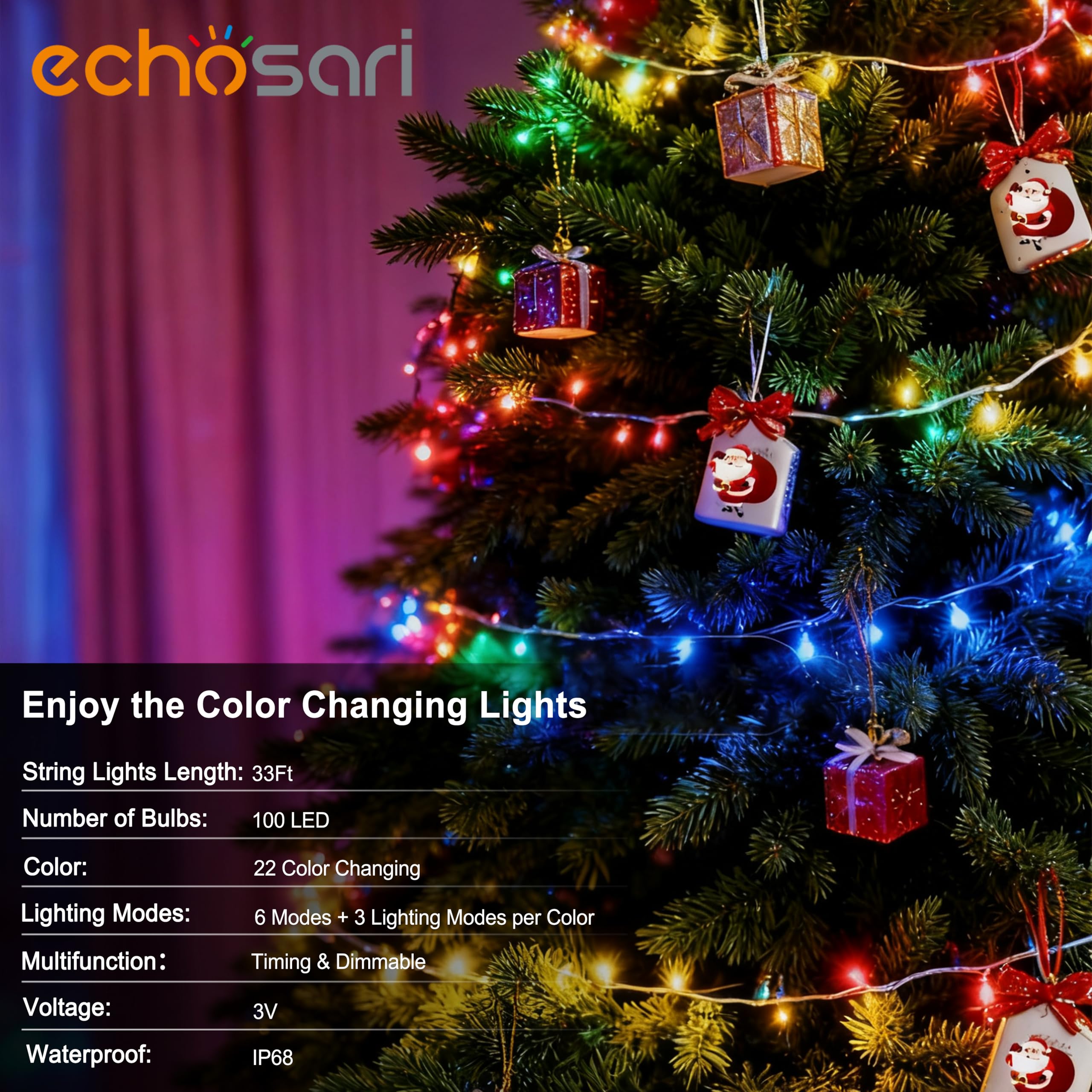 echosari Guirlande lumineuse de Noël à piles, 100 LED avec 150 couleurs changeantes et modes pour décoration de fête de Noël (changement de couleur RVB et blanc chaud) (fil transparent)