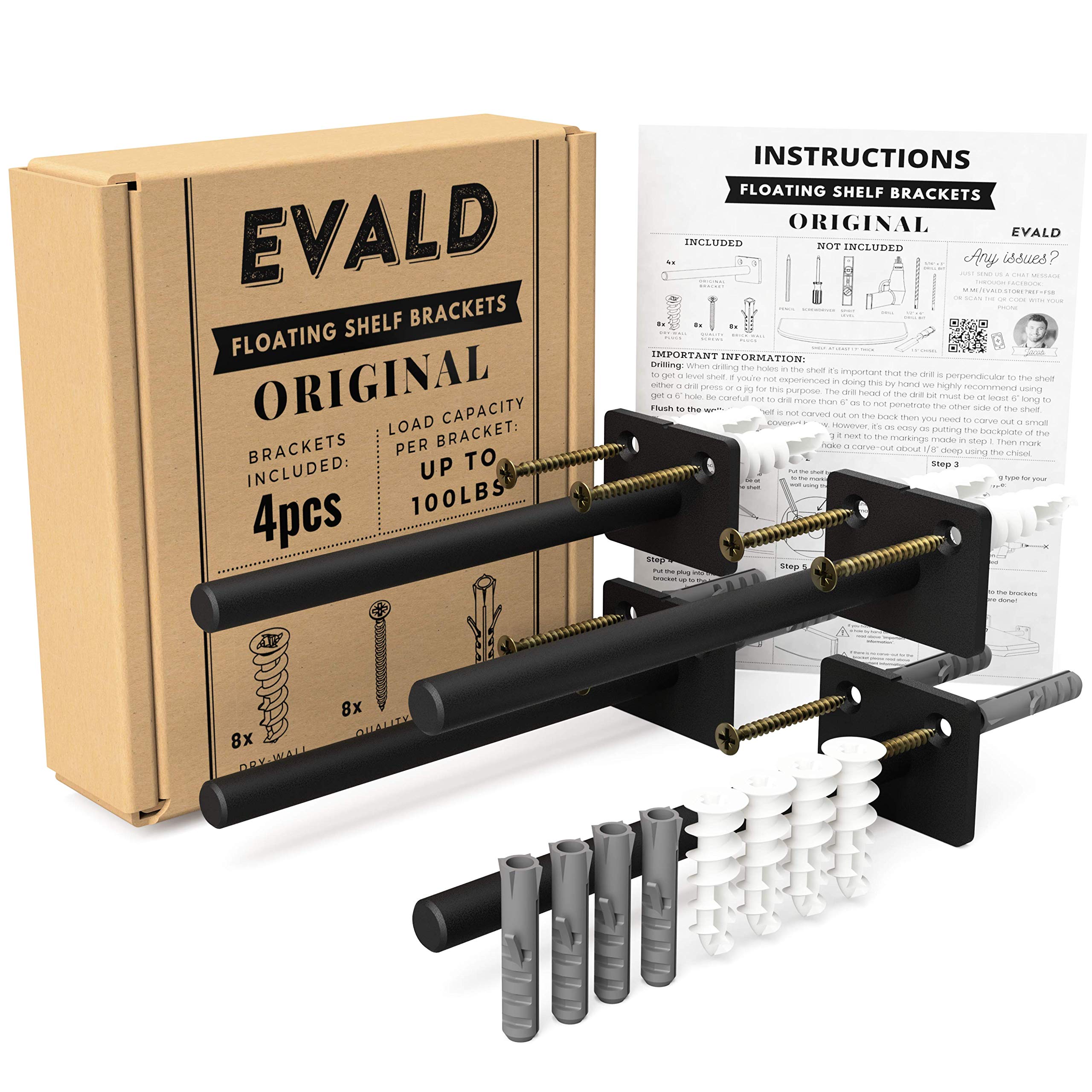EVALDThe Original Floating Shelf Hardware – Heavy Duty Floating Shelf Bracket- 4X Floating Shelves Brackets ½" Diameter, 8X Premium Screws & 16x Anchors Hidden Shelf Brackets 6 Inch