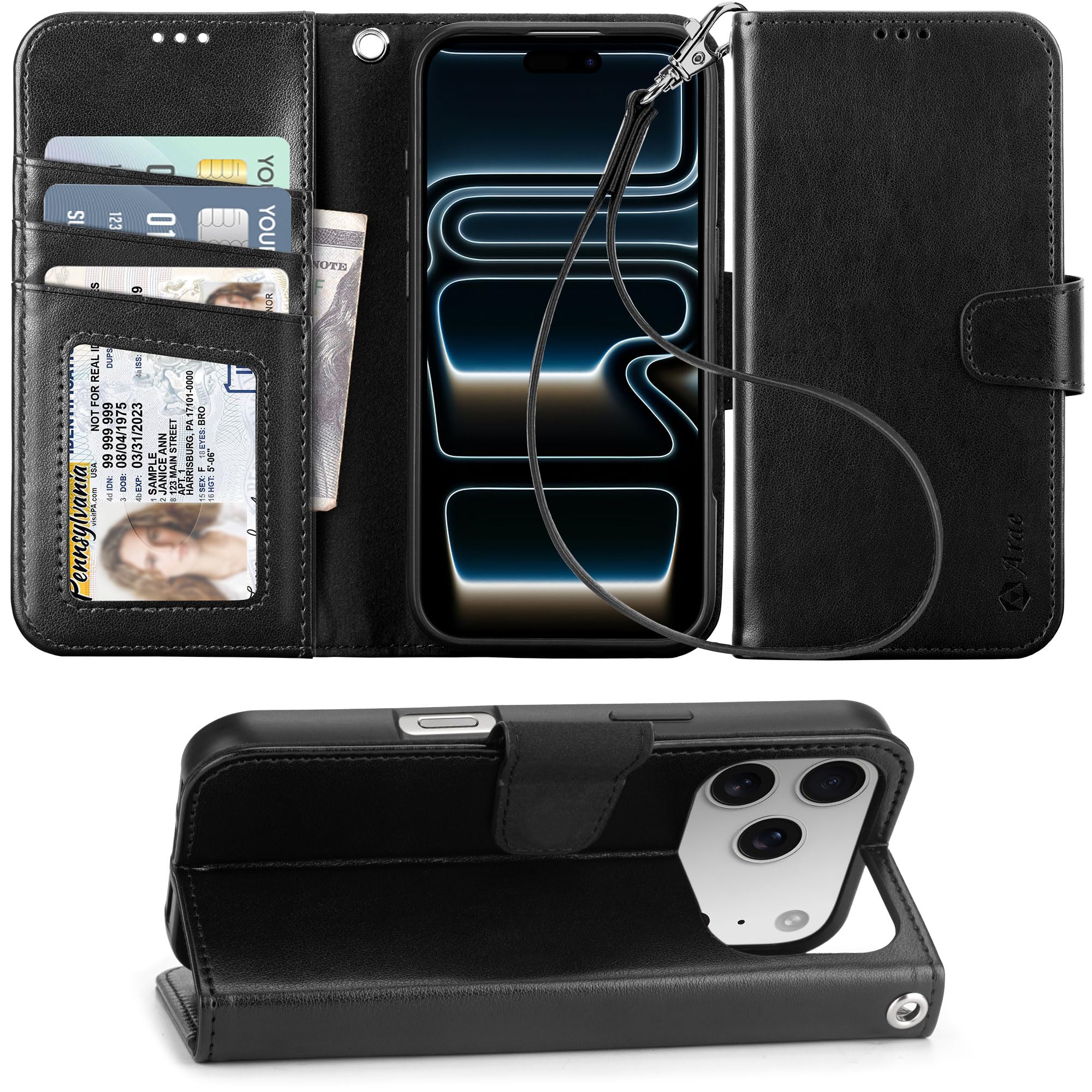 Photo 1 of Arae Compatible with iPhone 18 Pro /17 Pro Case Wallet with Card Holder, Wristlet Strap Wallet Flip Cover for iPhone 18 Pro/17 Pro 6.3 inch, RFID Blocking, Black