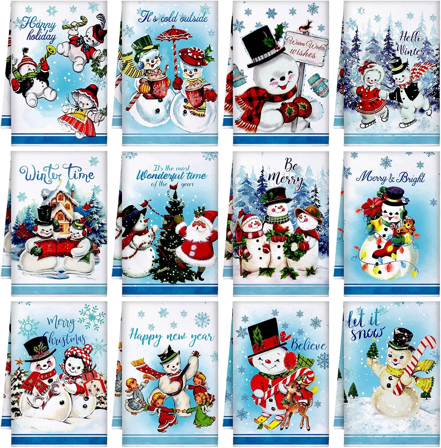 FuWeave 12 Pcs Winter Christmas Kitchen Towels Dish Cloths Vintage Blue Winter Snowman Decoration Hand Towels Tea Xmas Dishcloths Christmas Kitchen Decor for Holiday Housewarming Gift, 16 x 24 Inch
