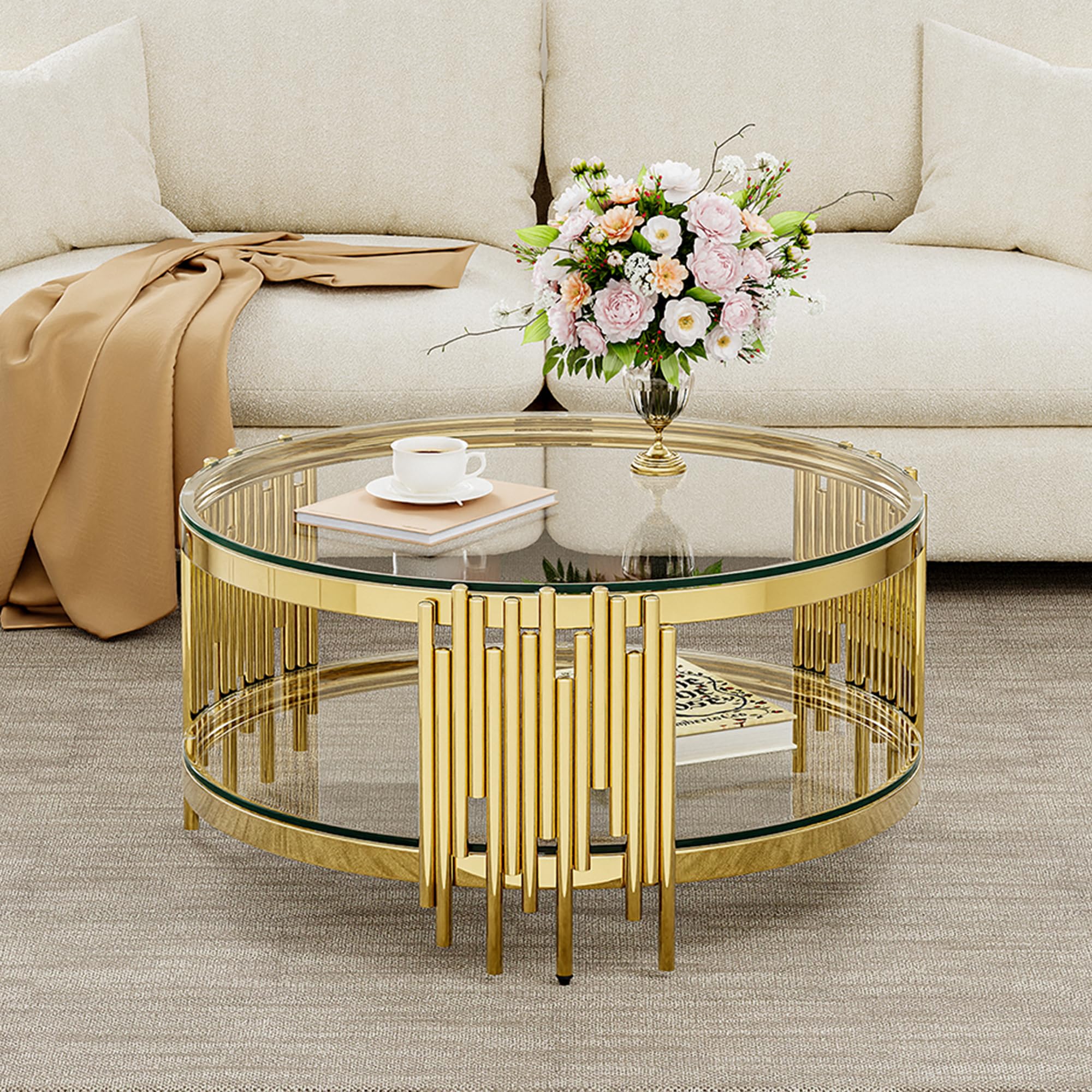 round glass coffee table, 35" modern 2-tier center table with clear tempered glass top and gold stainless steel base, coffee table for living room or small spaces (does not come with glass)