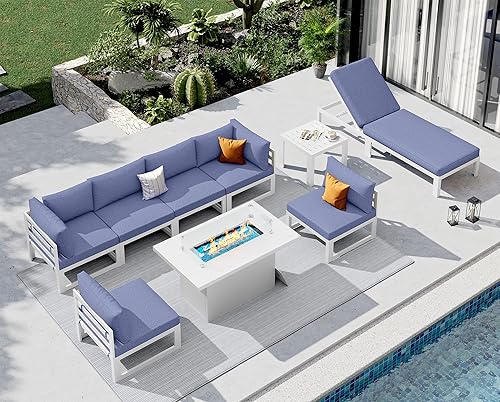 Miniatura 678 de NICESOUL 7 Piece White Powder-Coated Aluminum Patio Furniture with Fire Pit Table, 29 Inch Extra Wide Outdoor Sectional Sofa for 6, High-End Heavy