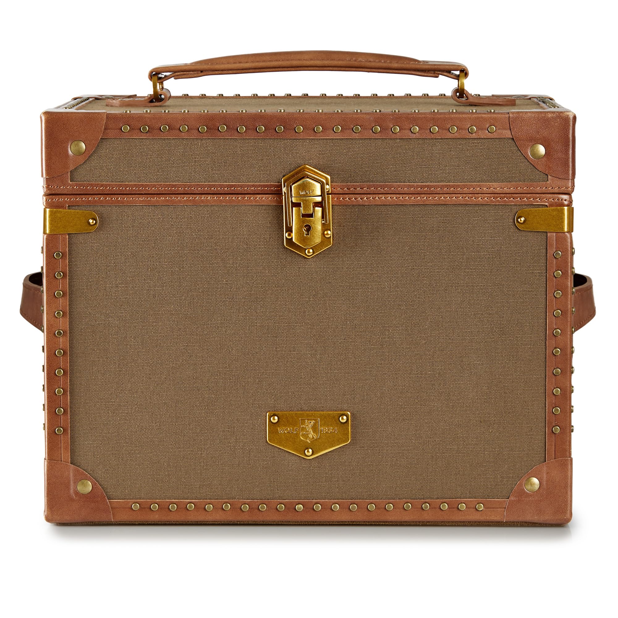 WOLF Ida Trunk Jewelry Box, Khaki - Trunk-Style Jewelry Box - Includes Ring Slots, Drawers, Covered Trays, Lid Mirror, Travel Case & Custom Lock
