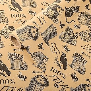 Vnaaem Kraft Animal Wrapping Paper Roll for Men Women - Funny Trash Friends Opossum Rat Crow Cat Design Vintage Wrapping Paper Sheets for Birthday, Holiday, Baby Shower, Party Supplies(Total 28.5sq.ft)