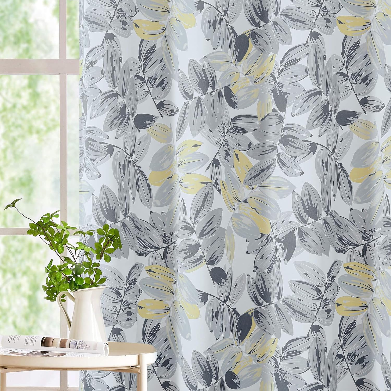 Complete Blackout Curtains 63 inch Length 2 Panel Set, Grey Leaves Pattern Short Window Curtains Rustic Print Insulated Thermal Drapes with Grommet for Farmhouse Living Room Bedroom Darkening