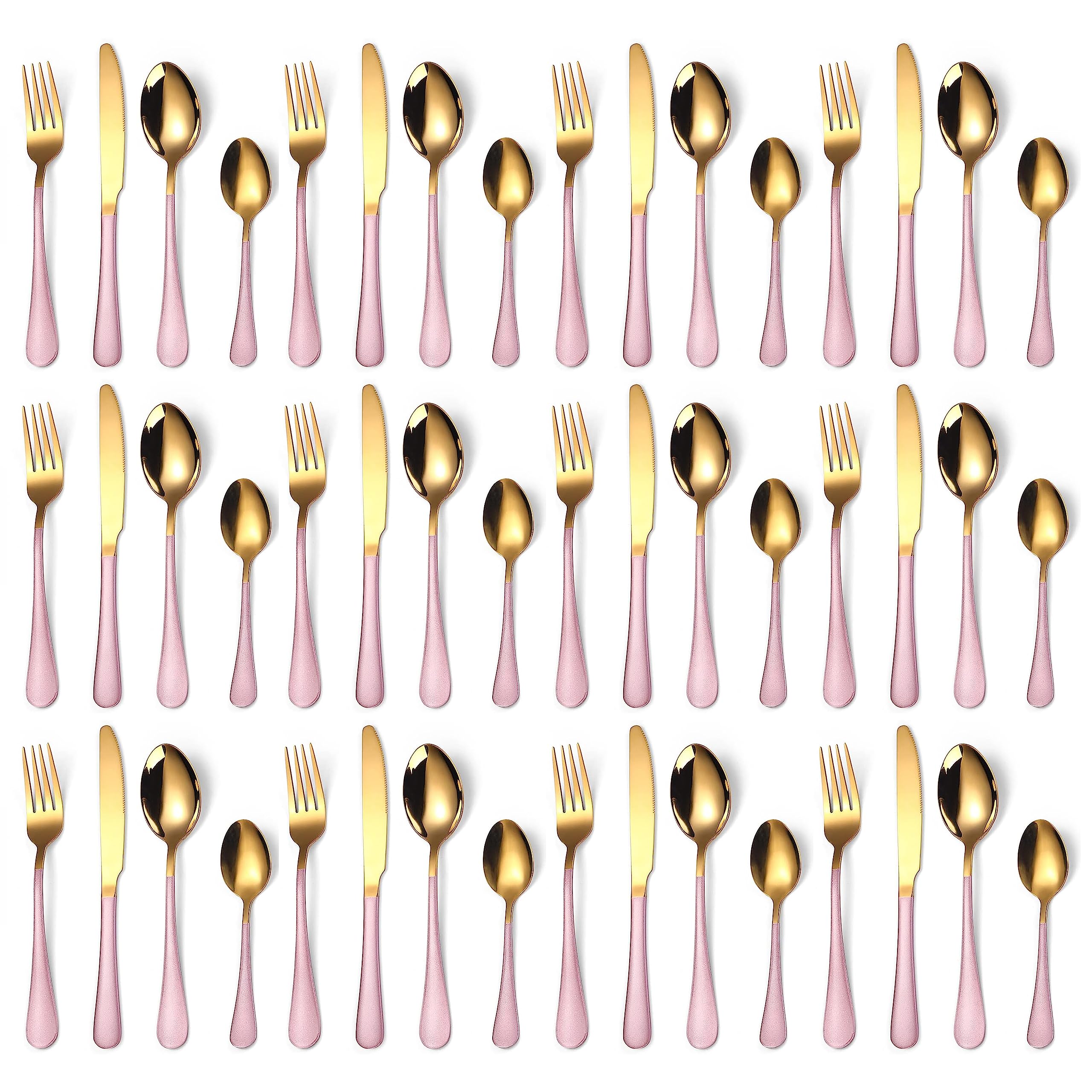 KitchAntique Set of 48 Premium Gold Cutlery with Pink Handle | Stainless Steel Flatware, 12 Dinner Spoons, 12 Forks, 12 Butter Knives, 12 Teaspoons | Reusable for Home & Corporate Gifting