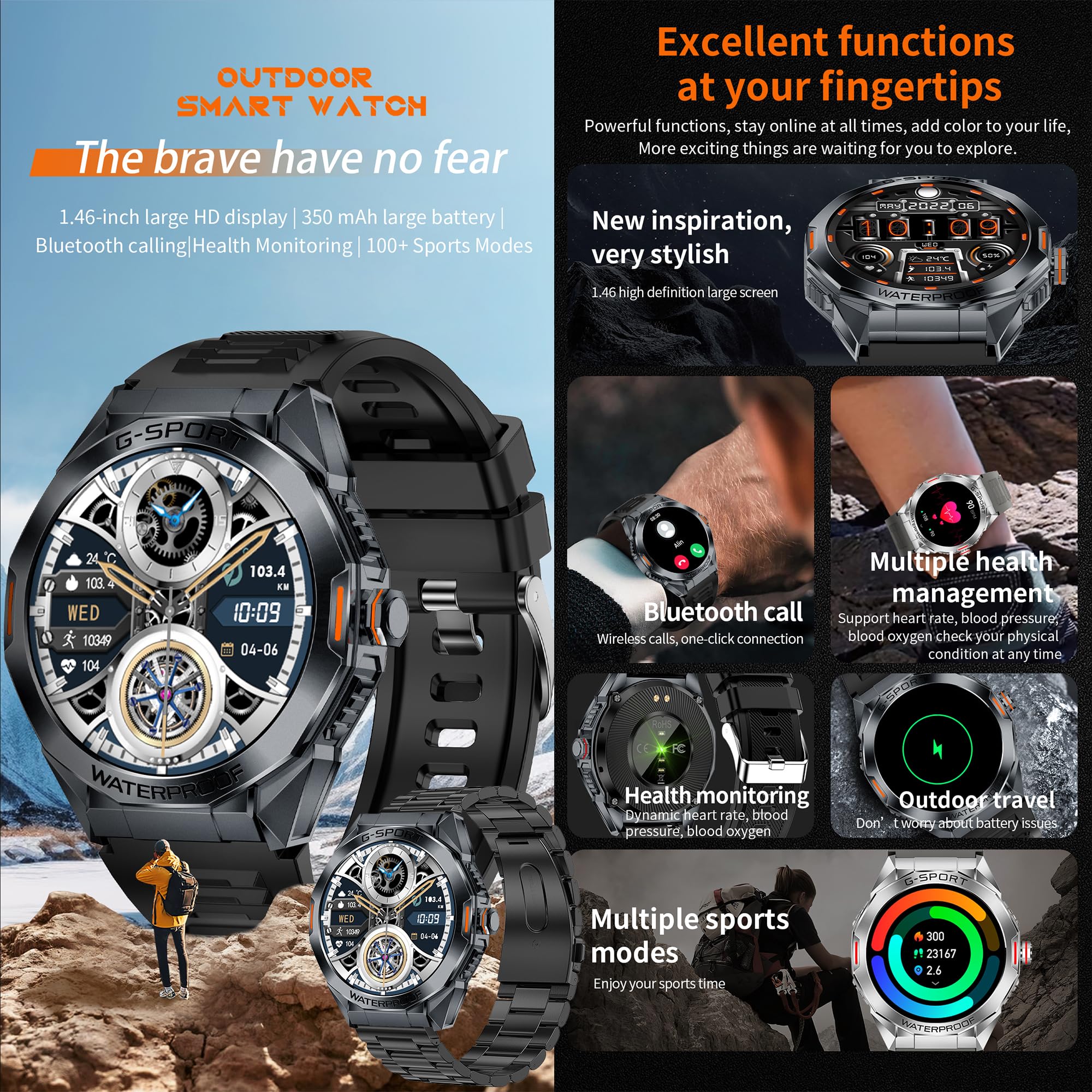 5ATM Montre Connectée Homme avec Appels Bluetooth, 1,46” AMOLED Smartwatch avec 123 Modes Sportifs/SpO2/Fréquence Cardiaque/Lecteur de Musique/Montre Intelligente Fitness pour Android iOS (Noir)