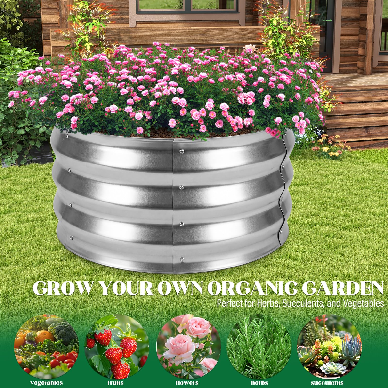 Huerto Elevado Redondo de Metal 2 Piezas, 60 x 60 x 30 cm Plateado, Jardinera Elevada con Tela de Plantación y Guantes, Macetero para Hierbas Aromáticas, Verduras, Flores, Balcón y Terraza
