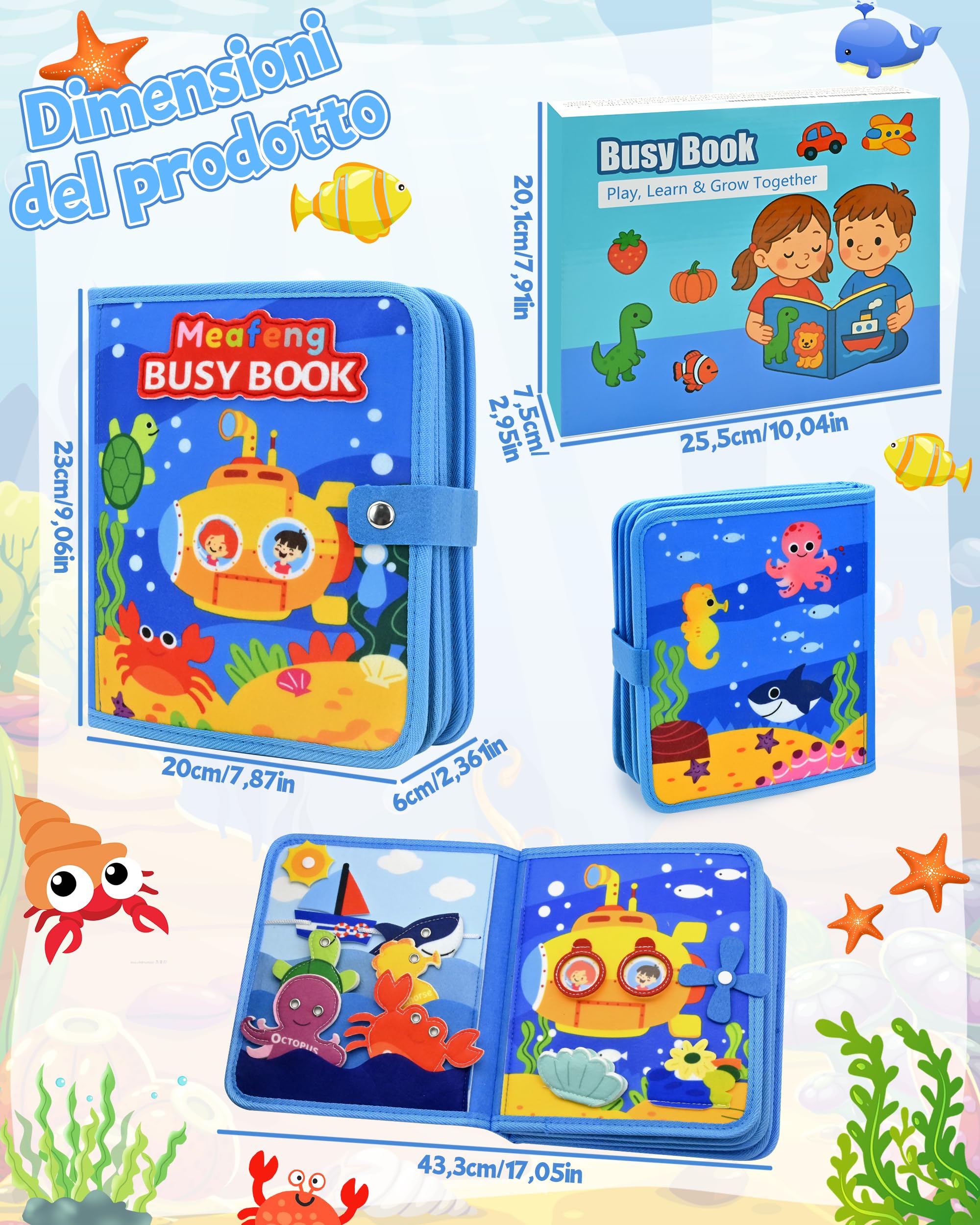 Busy Board Libro Montessori Interattivo 1 Anno, Busy Book sensoriale educativo, Giochi Montessori 1 2 3 4 Anni, Pannello di Feltro attività, Valigetta Montessori Bambini (Oceano)