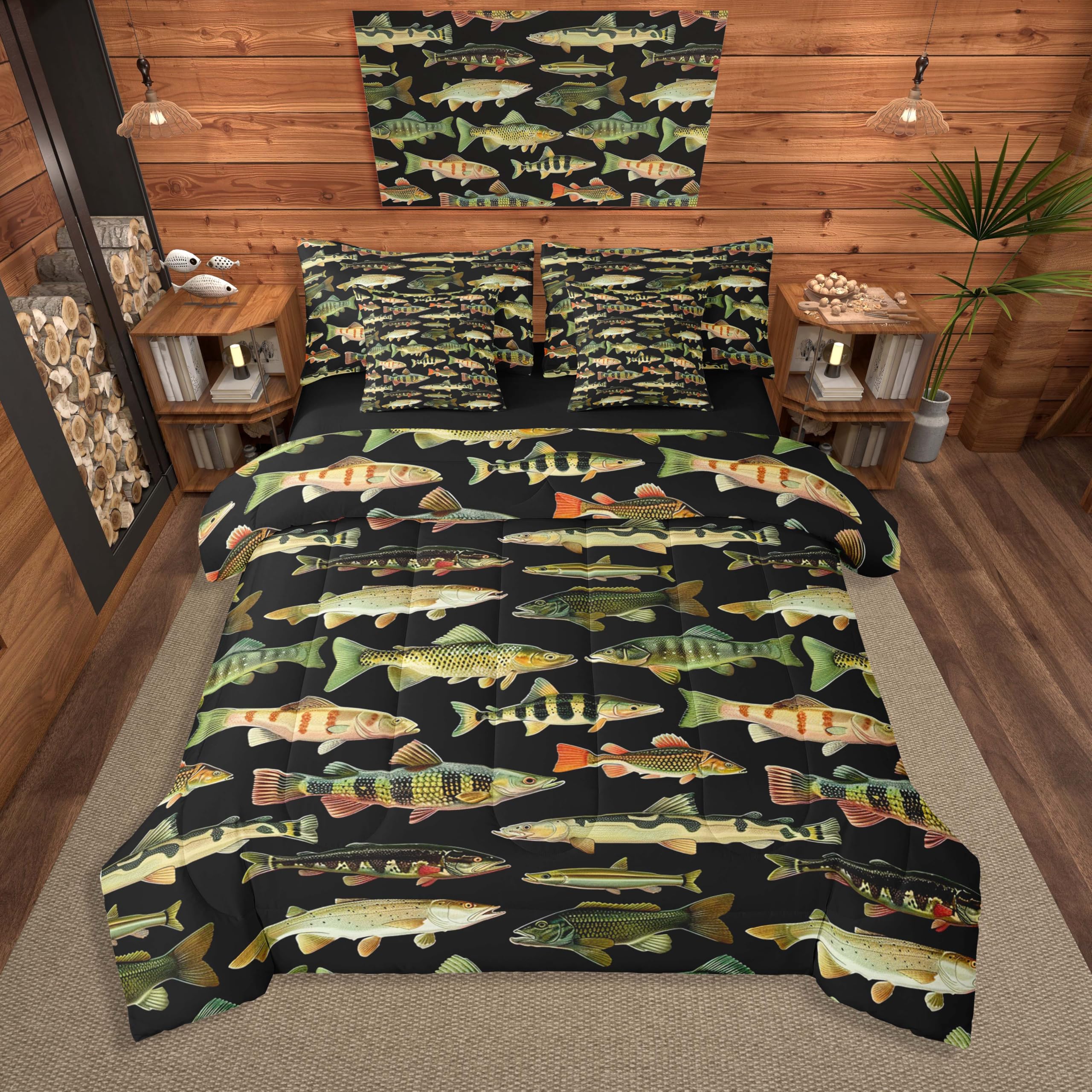 Feelyou Kids Fishing 7 Pieces Bedding Set Twin Size Vintage Pike Fish Comforter Set for Boys Girls Fishing and Hunting Bed Set Bed in a Bag with Comforter, Sheets, Pillowcases & Cushion Covers