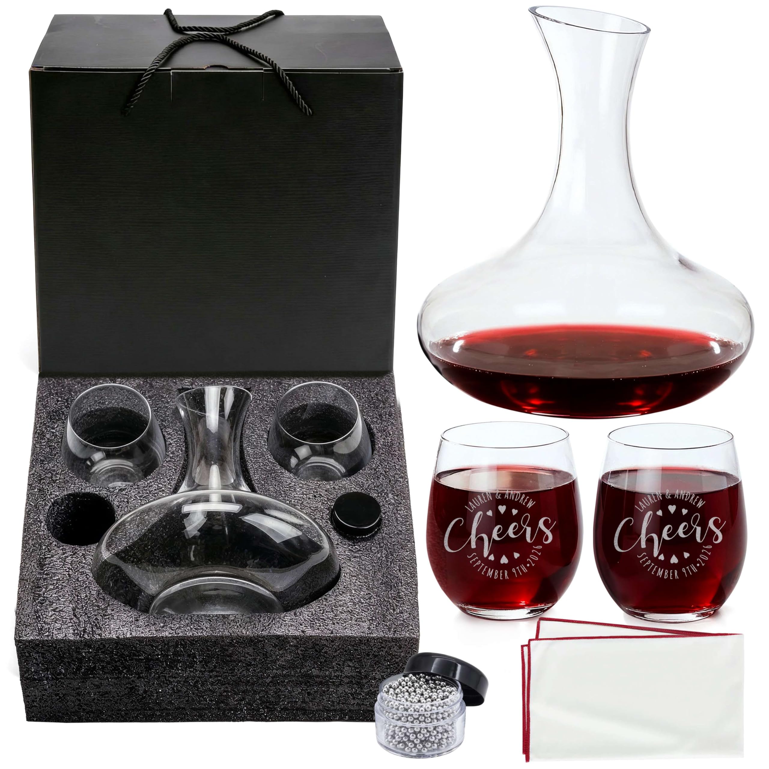 Custom Cheers Wine Glass Carafe Decanter Set, Names &amp; Date, Wedding Gift