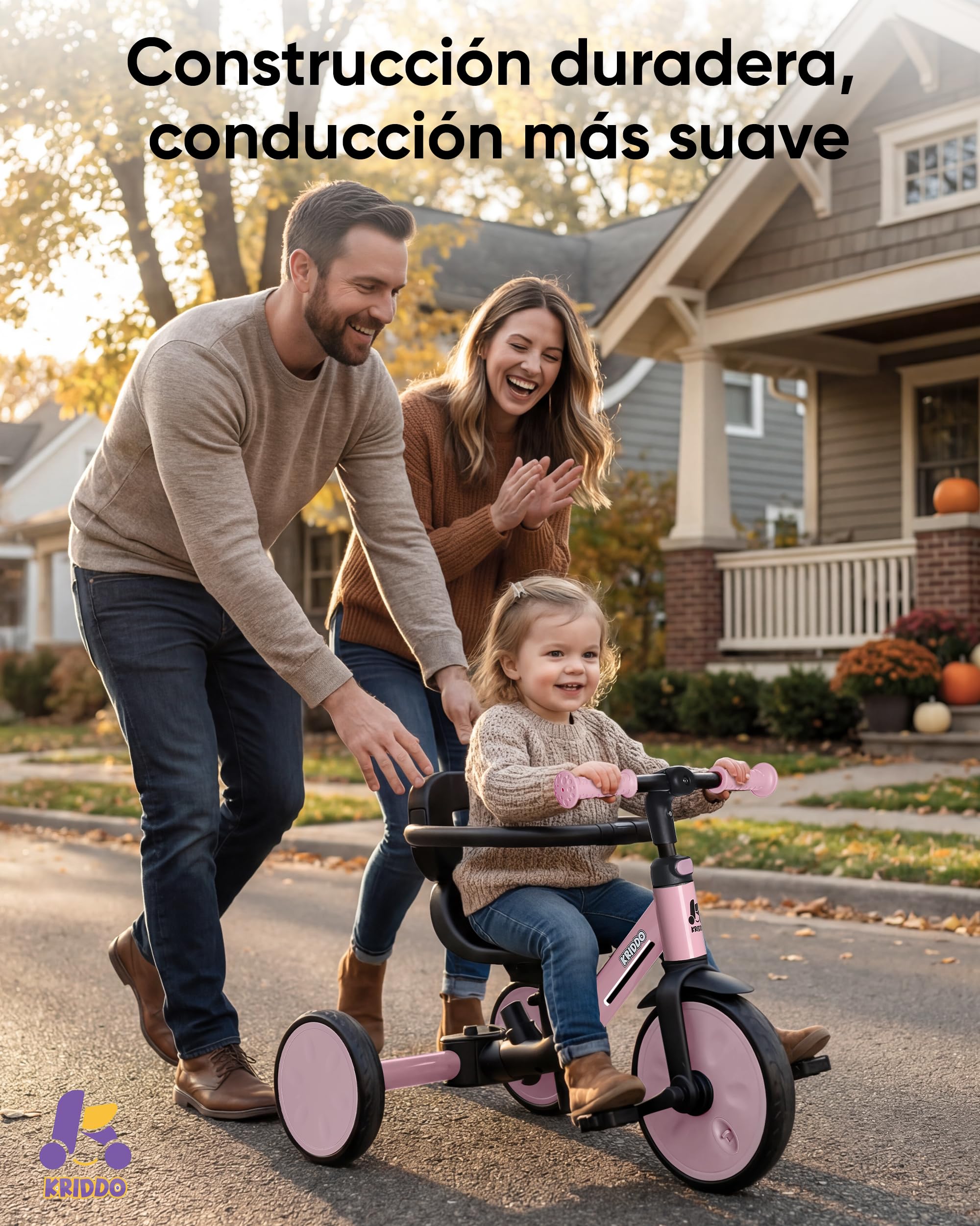 KRIDDO Triciclo Evolutivo 7 en 1 para Niños de 18 Meses a 5 Años – con Barra de Empuje, Triciclo y Bicicleta con o sin Pedales, Arnés de 3 Puntos, Bolsa de Almacenamiento, Rosa