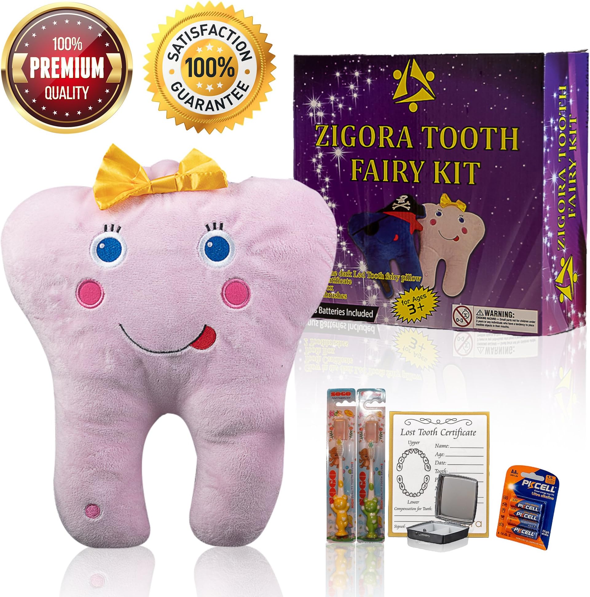 Zigora Tooth Fairy Pillow LED Kit - 5 Piece Memorable Bundle Gift Set for Girls, Includes 1 LED Pillow, 2 Toothbrushes, 1 Keepsake Box, 1 Lost Tooth Certificate Pad & 4 AA Batteries.