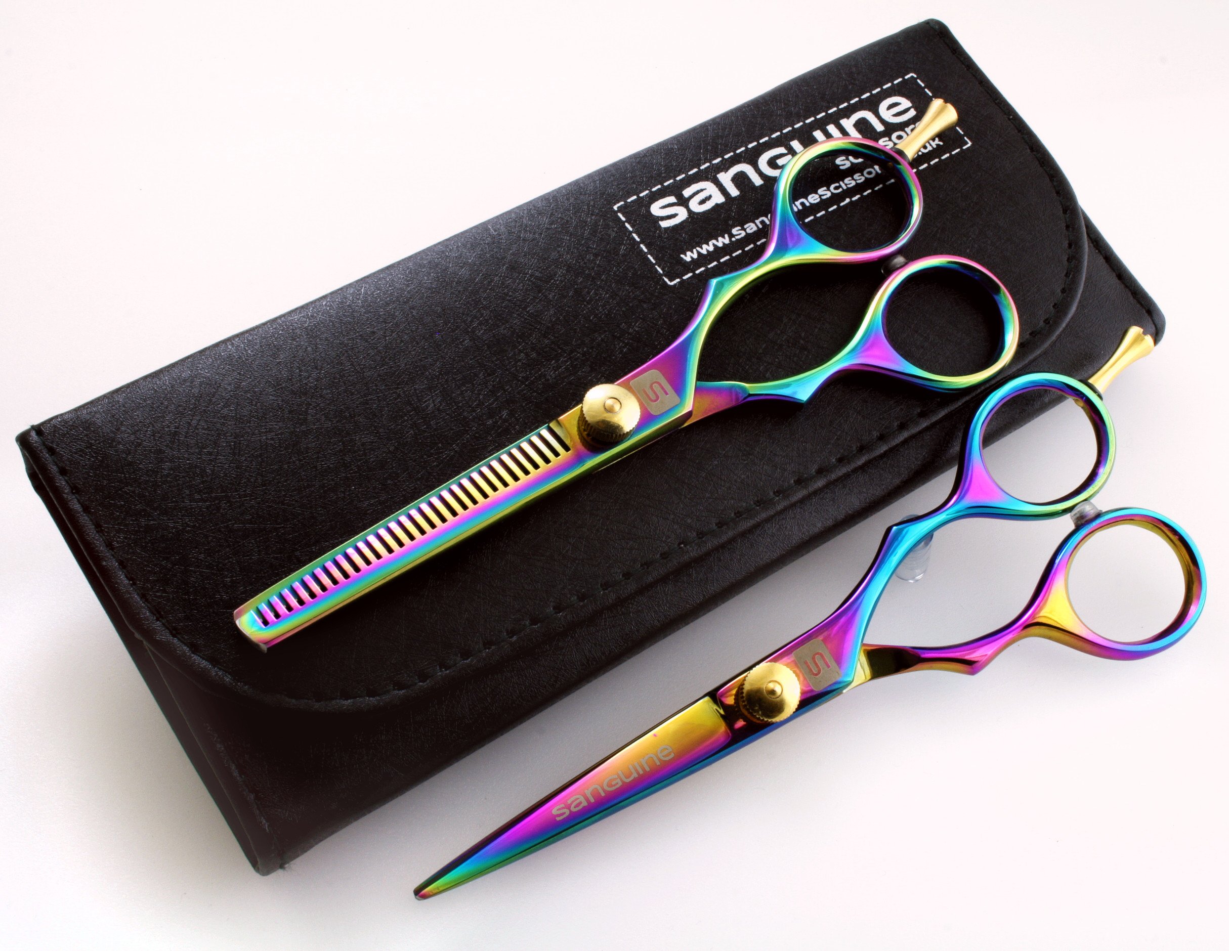 Professional Barber Shears and Hair Thinning Scissors Set, Rainbow, Hairdressing Scissors, 5.5 inch (14cm) + Case
