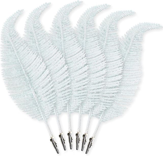 Pack of 6 Christmas Glitter Feathers  Silver, White or Gold, 22cm, Clip on Feather Decorations, Christmas Tree Baubles, Glittery Ornaments, Xmas Home Décor (White)