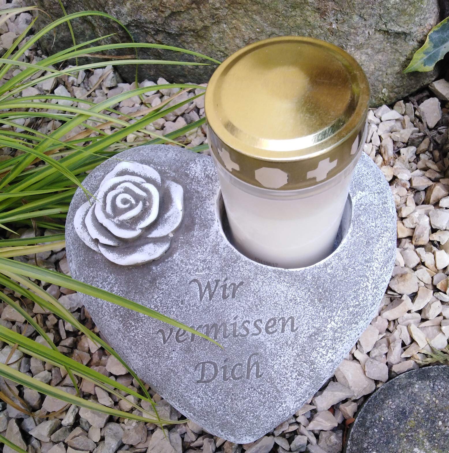Radami Grabherz m.Rose Grabengel Spruch - Wir vermissen Dich - Grabschmuck Grabdeko Trauerherz Steinguss für Grablicht ca. 2 kg schwer