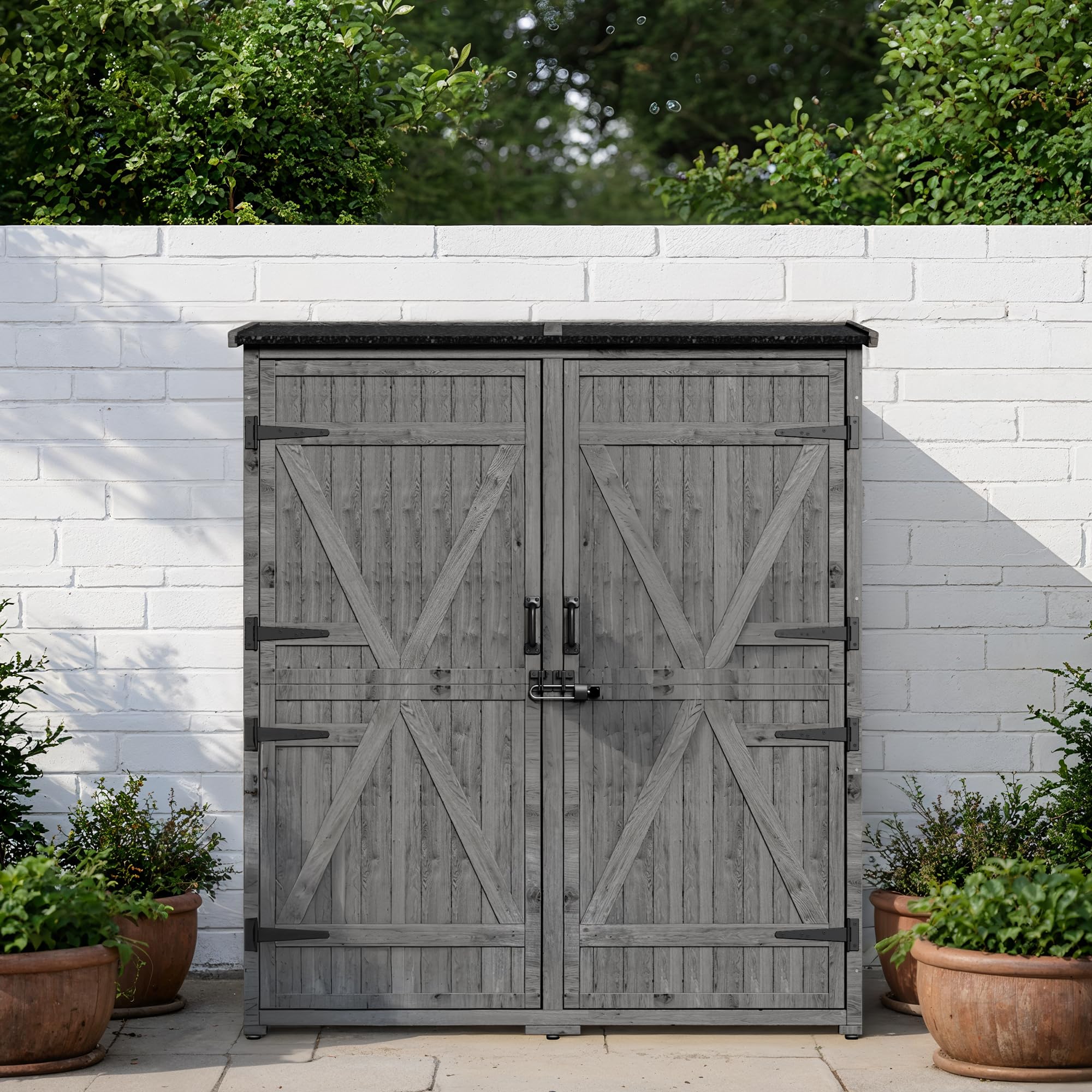 Casetta da Giardino Porta Attrezzi, Porta Attrezzi da Esterno,con 2 Porte,con ripiani regolabili e piano inclinato,140 x 50 x 162CM,Grigio