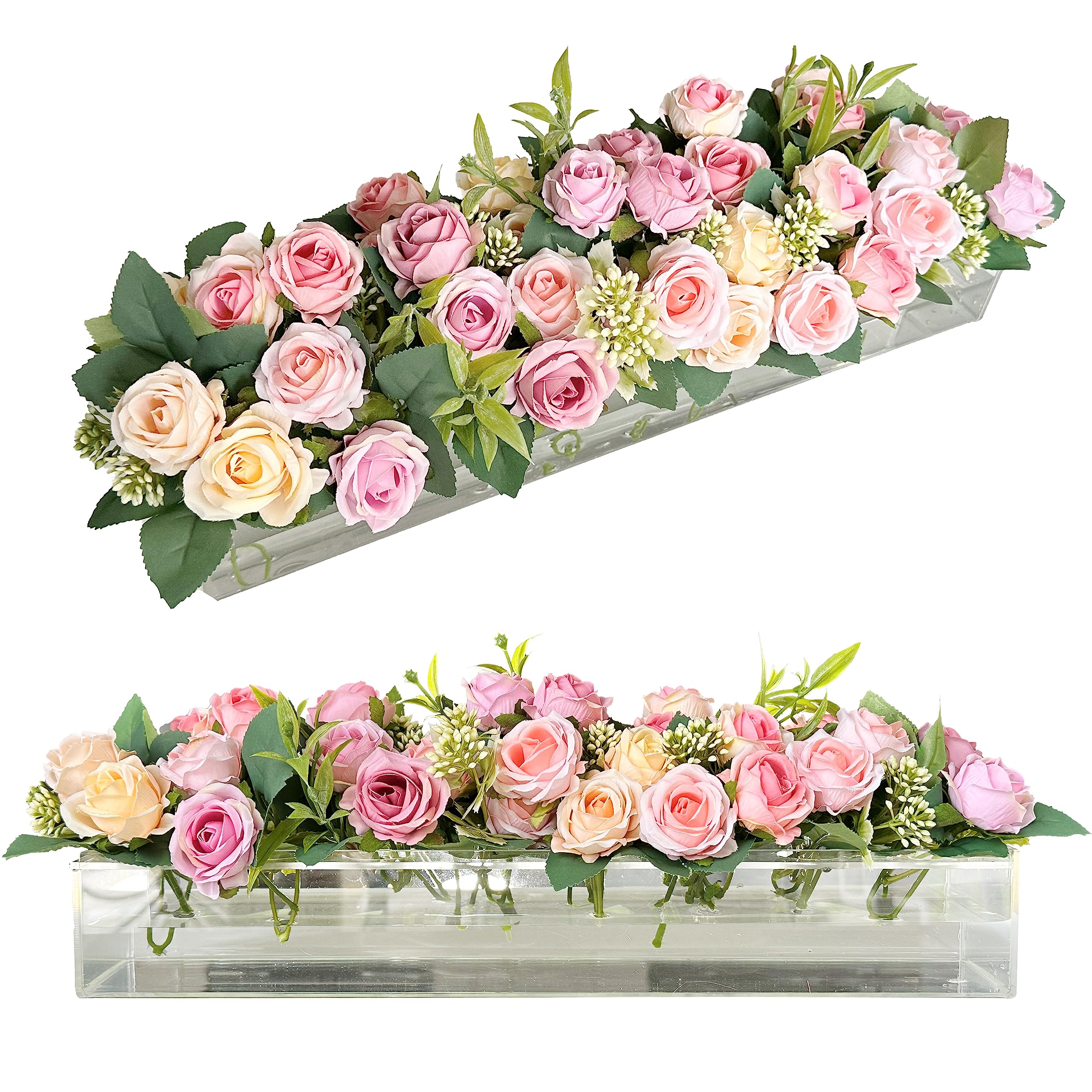 WONENDIE Long Flowers Vases Acrylic Vase Rectangular Floral Centerpiece for Dining Table - 16 Holes Low Floral Vases for Christmas Part Home Decorative Weddings (15.7 Inches)