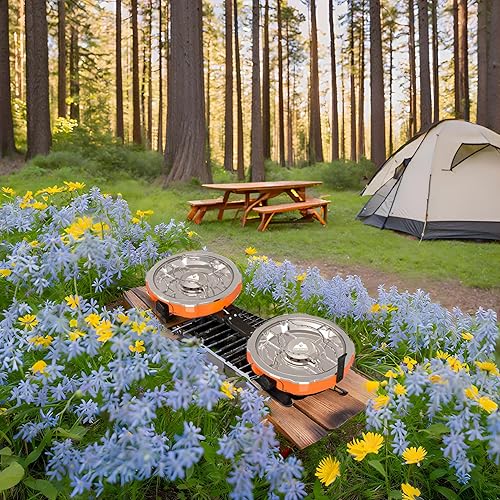 Miniatura 9 de Estufa de campamento de propano de 2 quemadores de 20,000 BTUs, estufa de campamento plegable portátil con quemadores ajustables, regulador y bolsa