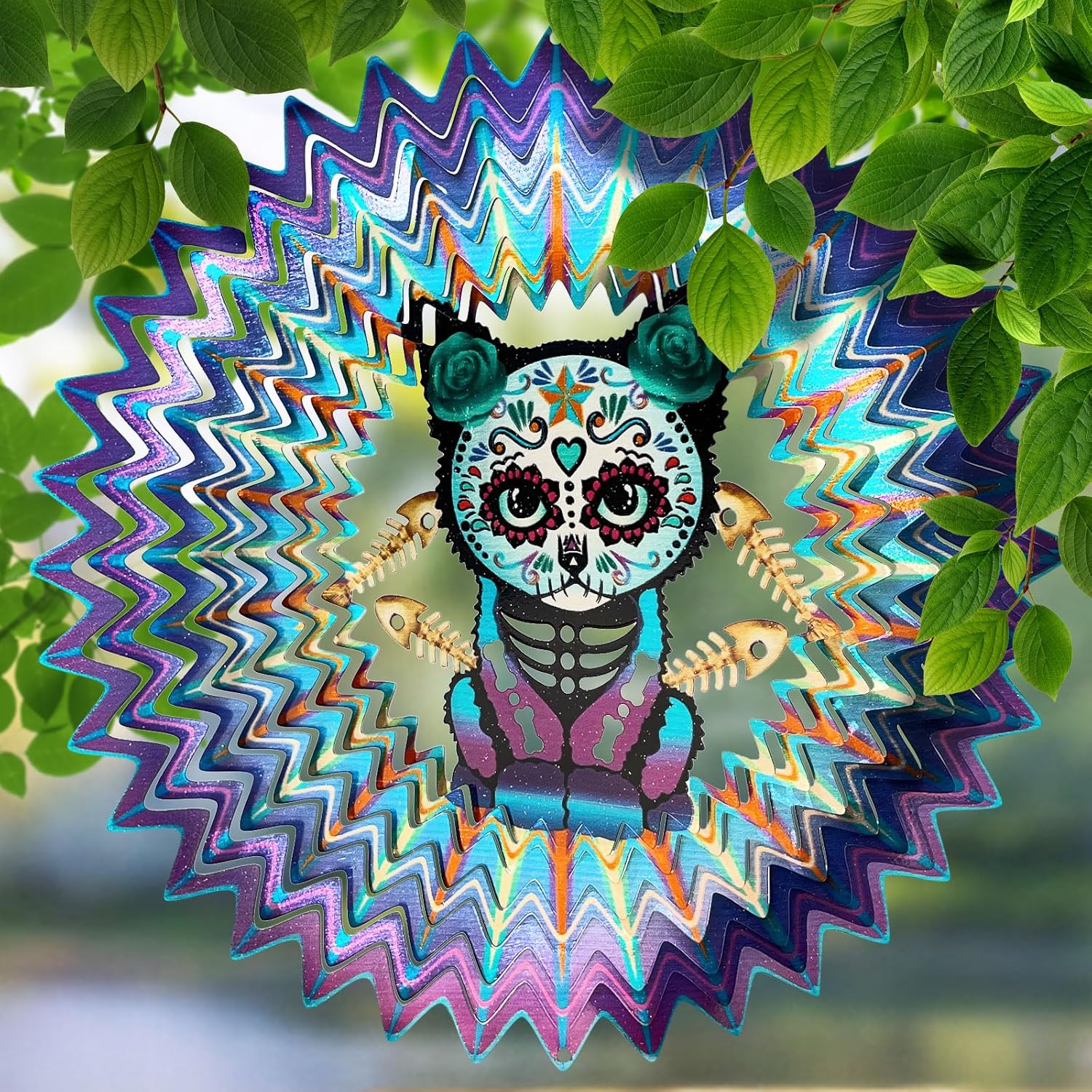 FONMY Sugar Skull Wind Spinner Cat 12inch 3D Stainless Steel Wind Sculpture Worth Gift Christmas Decor.Hanging Mandala Kitten Skull Wind Spinners Metal Yard Art Garden Decoration Indoor/Outdoor Décor