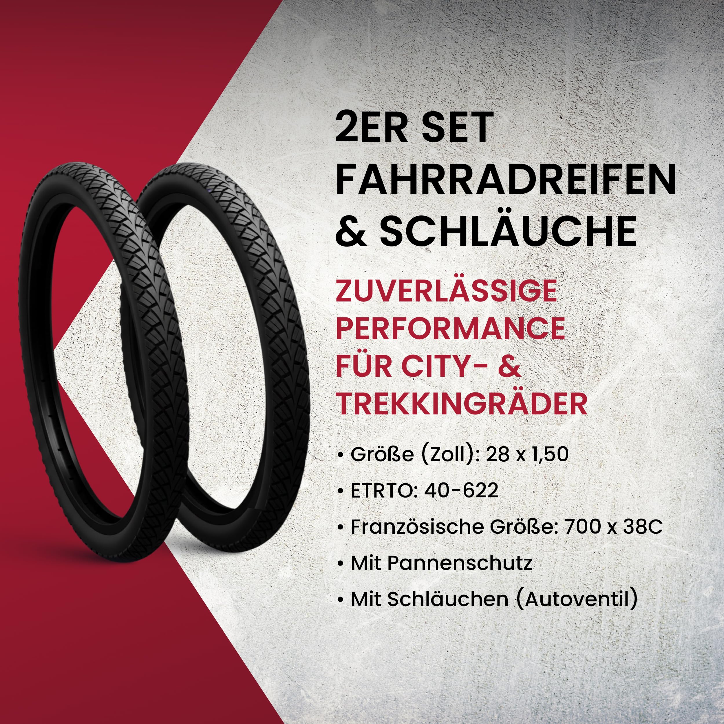 2er Set Fahrradreifen 28x1,50 Zoll 40-622 700x38c Pannenschutz wählbar mit Schläuchen Autoventil Fahrradventil französisches Ventil – Trekkingreifen Allround für Citybike Trekkingrad