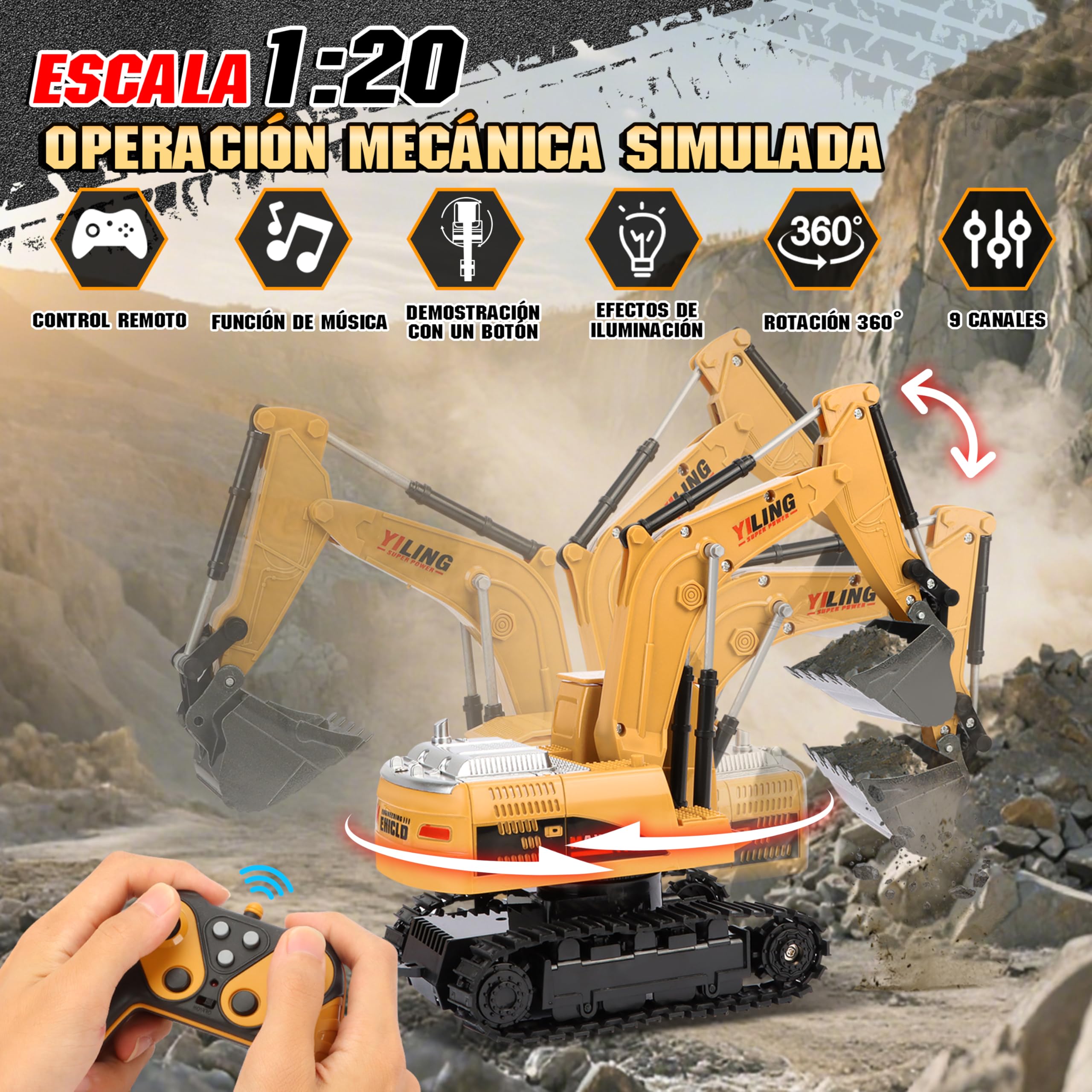 Charmofun Excavadora Teledirigida con Vehículo Teledirigido, 2,4 GHz Excavadora RC con Luz y Sonido, Coches Juguete Radiocontrol para Niños y Niñas Mayores de 3 Años, Juguete Construcción Regalo Cumpl