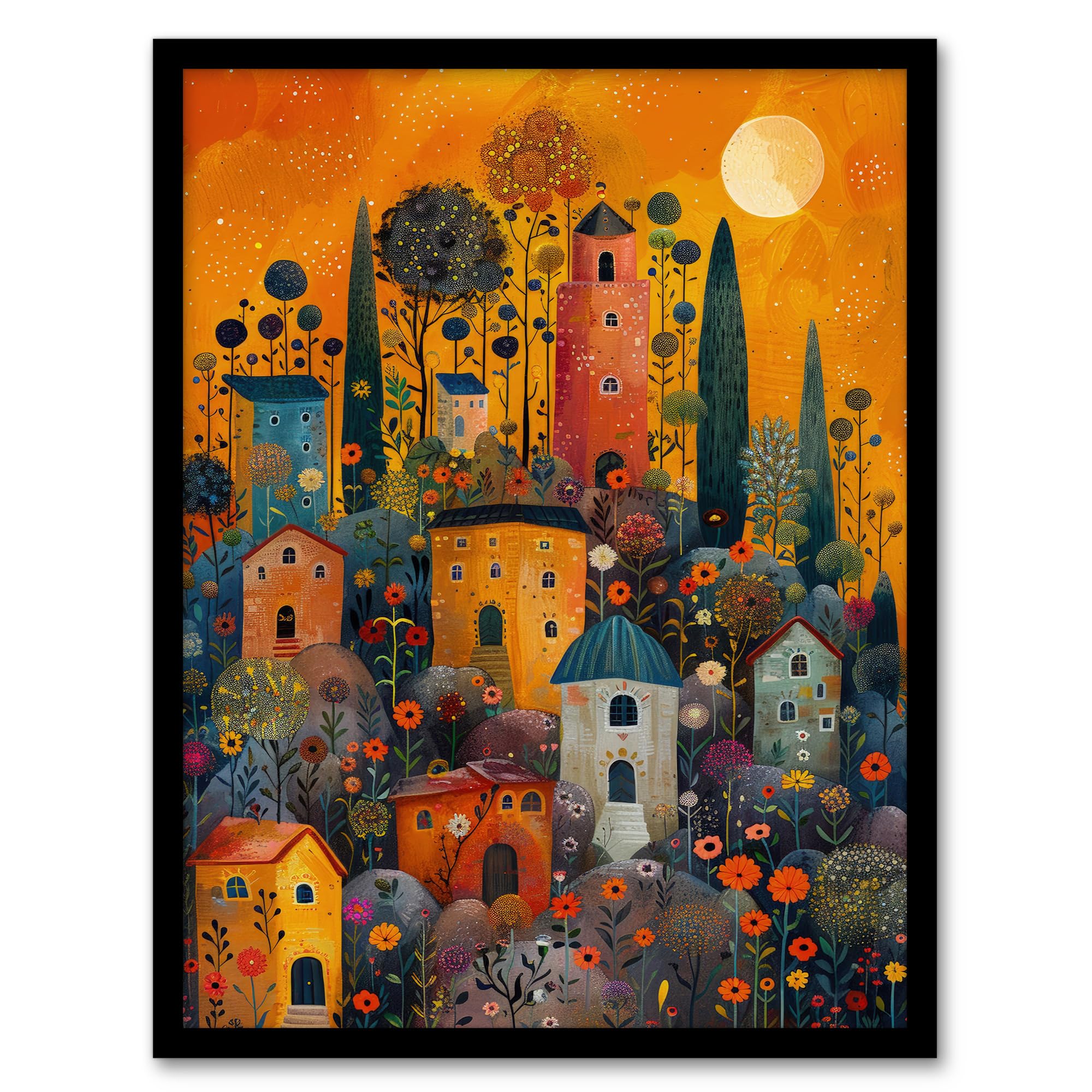 Artery8 Flower Hill Village Sunset Folk Art For Living Room Artwork Framed Wall Art Print 18X24 Inch