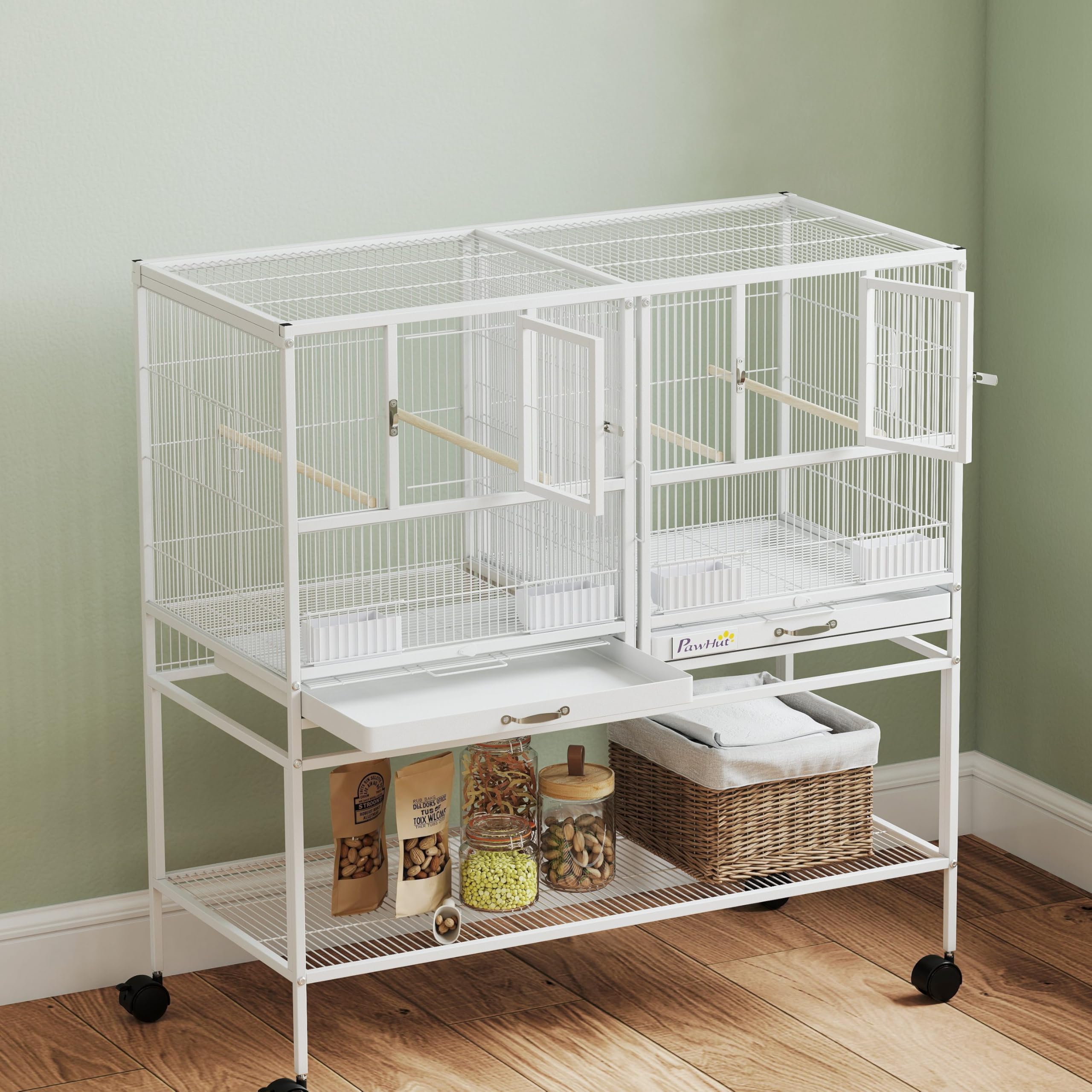 PawHut Jaula para Pájaros Grande con Divisor, Pajarera Doble con Ruedas, 4 Comederos, 4 Perchas, Estante, 2 Bandejas Extraíbles, para Periquitos, Agapornis, Canarios, 95x45,5x102 cm, Blanco