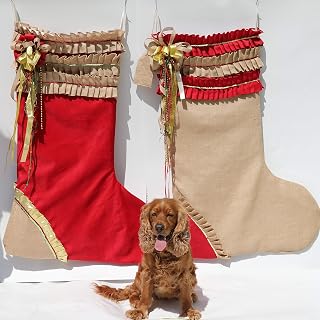 40'' Shabby Chic Jumbo Christmas Stockings, Giant Burlap Stocking, Red Velvet Large Christmas Sack, Personalized Name Tag