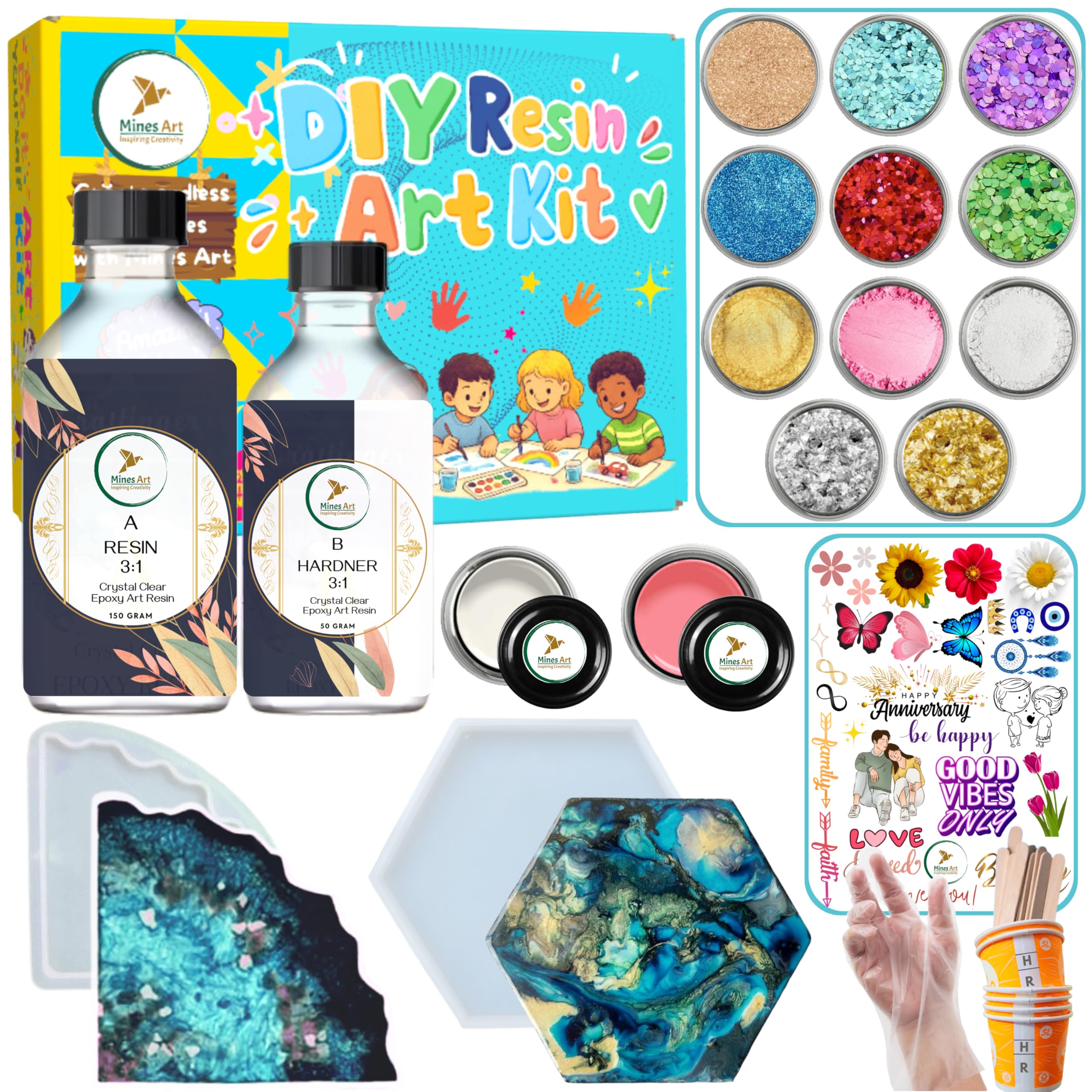 Mines Art Ultimate DIY Epoxy Resin Art Coaster Kit with Glitters, Pigments, Mica and More Pizza and Agate Silicone Moulds & More - 3:1 Epoxy Resin, 200gm (MRA - 101)-image-36