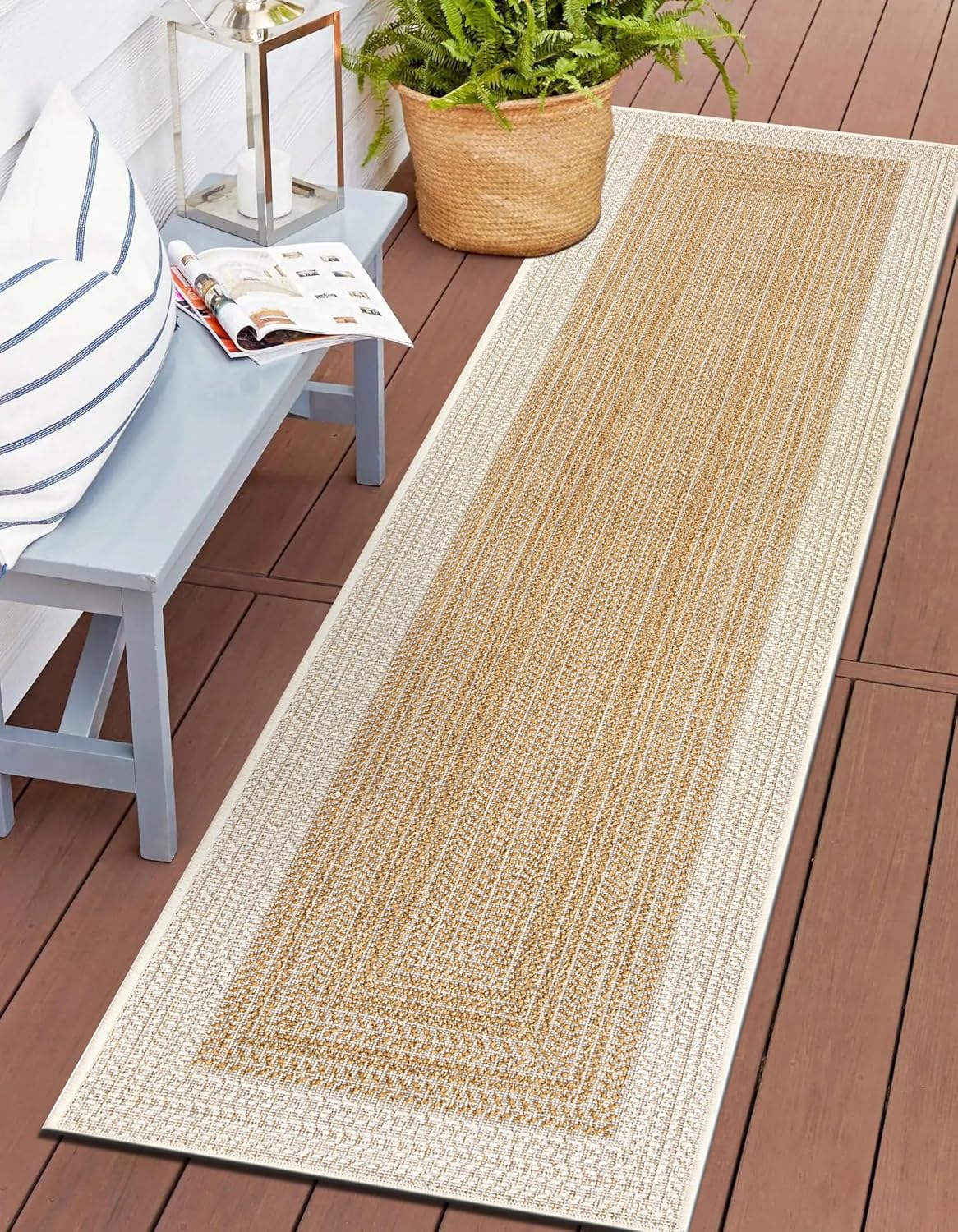 Rugshop Natural Braided Geometric Reversible Weather Resistant Indoor/Outdoor Runner Rug, for Hallway, Entryway and Kitchen, 2' x 7'