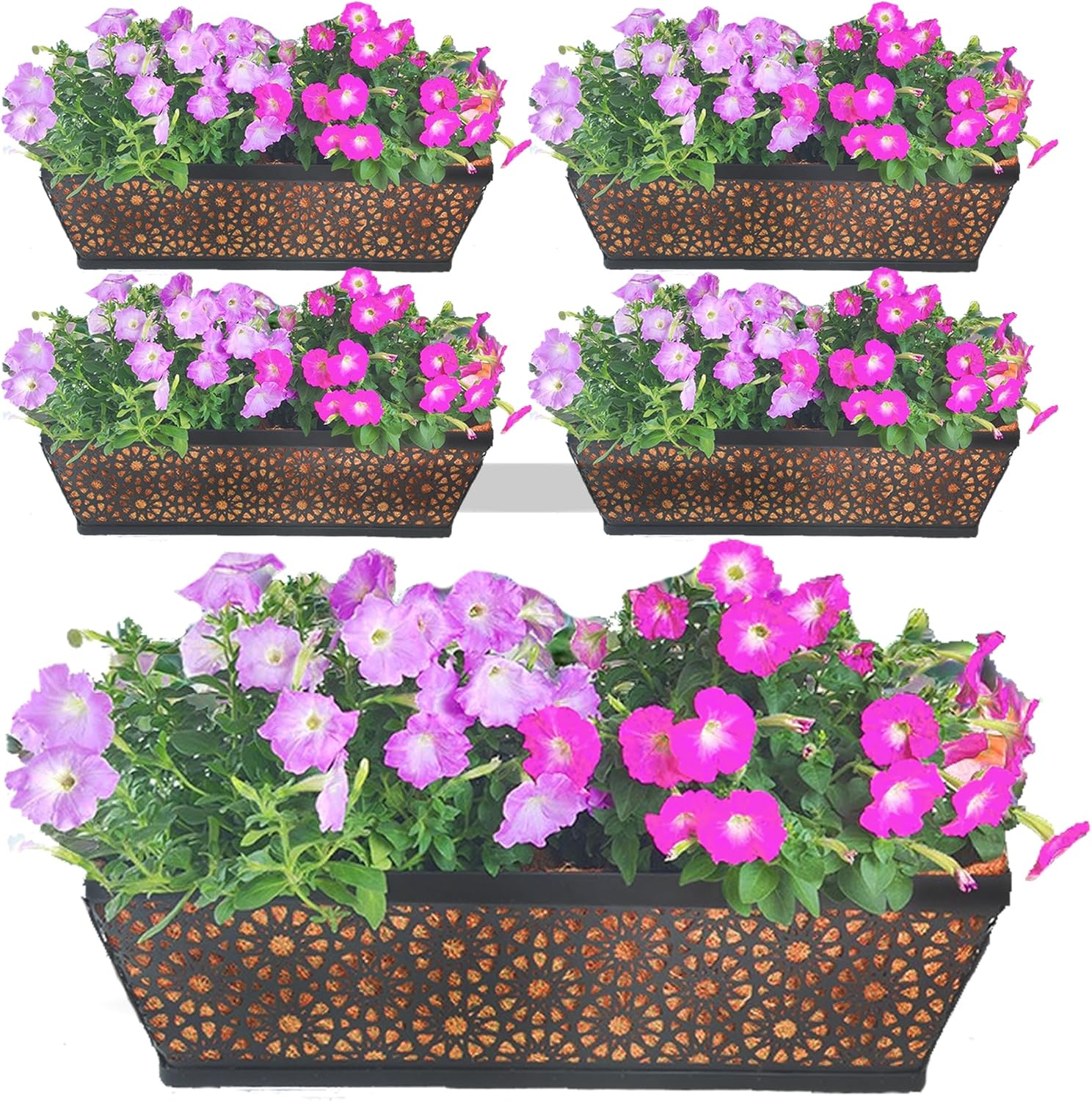 Railing Planter Window Boxes Round Hole Horse Trough Planter with Coco Fiber Liner Deck Balcony Rail Planters Black Metal Hanging Flower Planters Window Basket for Outdoor Porch (2 Pack, 30 Inch)