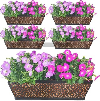 Railing Planter Window Boxes Round Hole Horse Trough Planter with Coco Fiber Liner Deck Balcony Rail Planter Black Metal Hanging Flower Planter Window Basket for Outdoor Porch Fence 4 Pack, 24 Inch