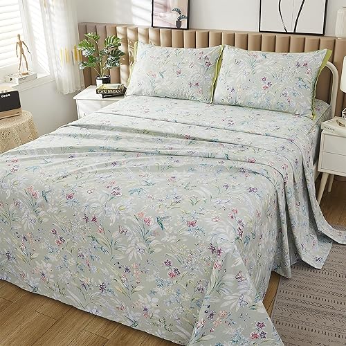Miniatura 2 de ABREEZE Juego de ropa de cama de 4 piezas con funda de almohada, de algodón egipcio, con diseño de mariposas, flores florales, color verde y morado,