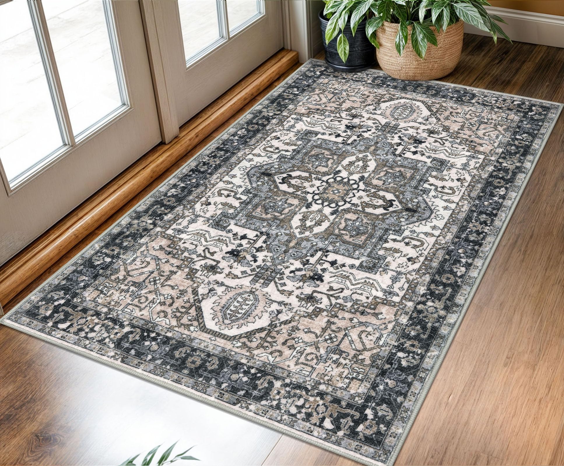 KOZYFLY Boho Area Rug 3x5 Ft Rugs for Entryway Washable Entry Rug Non Slip Door Mat Indoor Entrance Printed Faux Wool Throw Rugs for Entrance Kitchen Living Room, Black/Taupe/Beige — image 1
