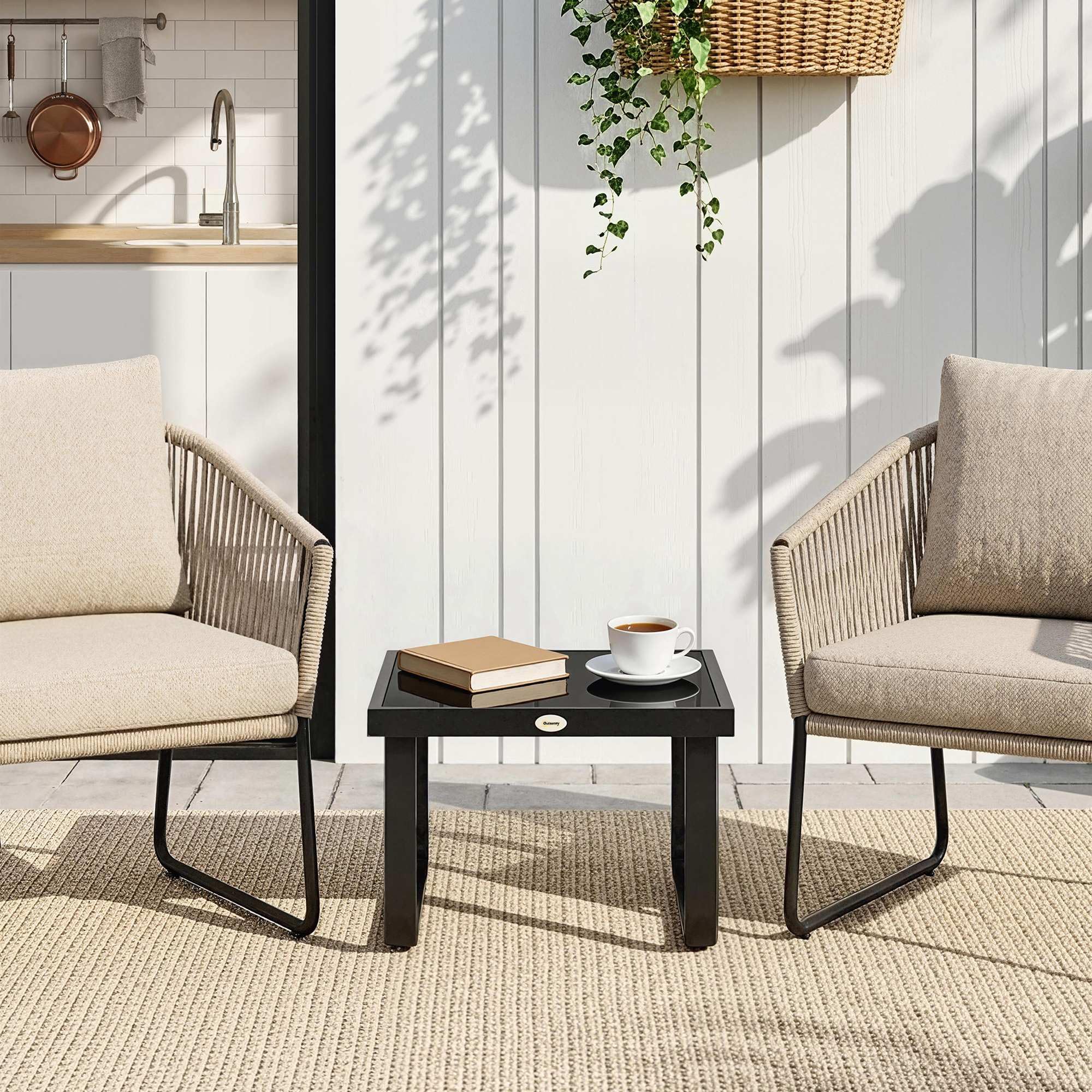 Outsunny Metal Garden Coffee Table, Outdoor Rectangle Side Table with Tempered Glass Tabletop and Adjustable Foot Pads for Terrace, Balcony, Patio, 45 x 45 x 33 cm, Black — view 8