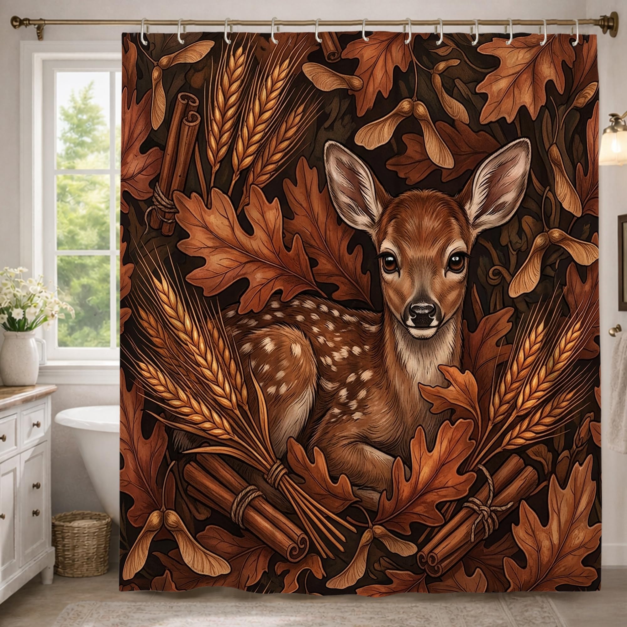 Rideau de douche extra long en toile supérieure marron motif cerf rustique chic