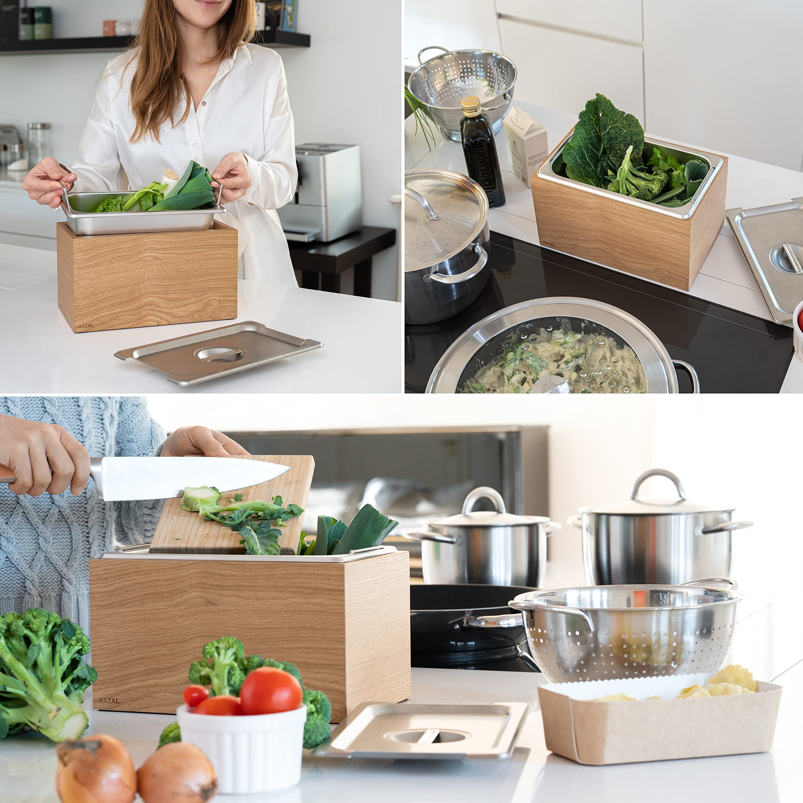 KAZAI. Design Bio-Mülleimer -Holma- | 4.5L, Spülmaschinenfest und aus Echtholz-Veneer | Küchen Komposteimer für Bio-Abfall | Eiche