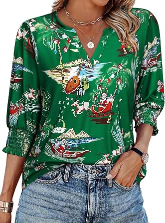 Dresswel Print Tops for Womens Trendy 3/4 Length Sleeve Blouses Tops | Dressy Casual V Neck Shirts with Smocked Cuffs,Casual Beach Blouses Top,Tropical Vacation T-shirt,Hawaiian Tops and Blouses
