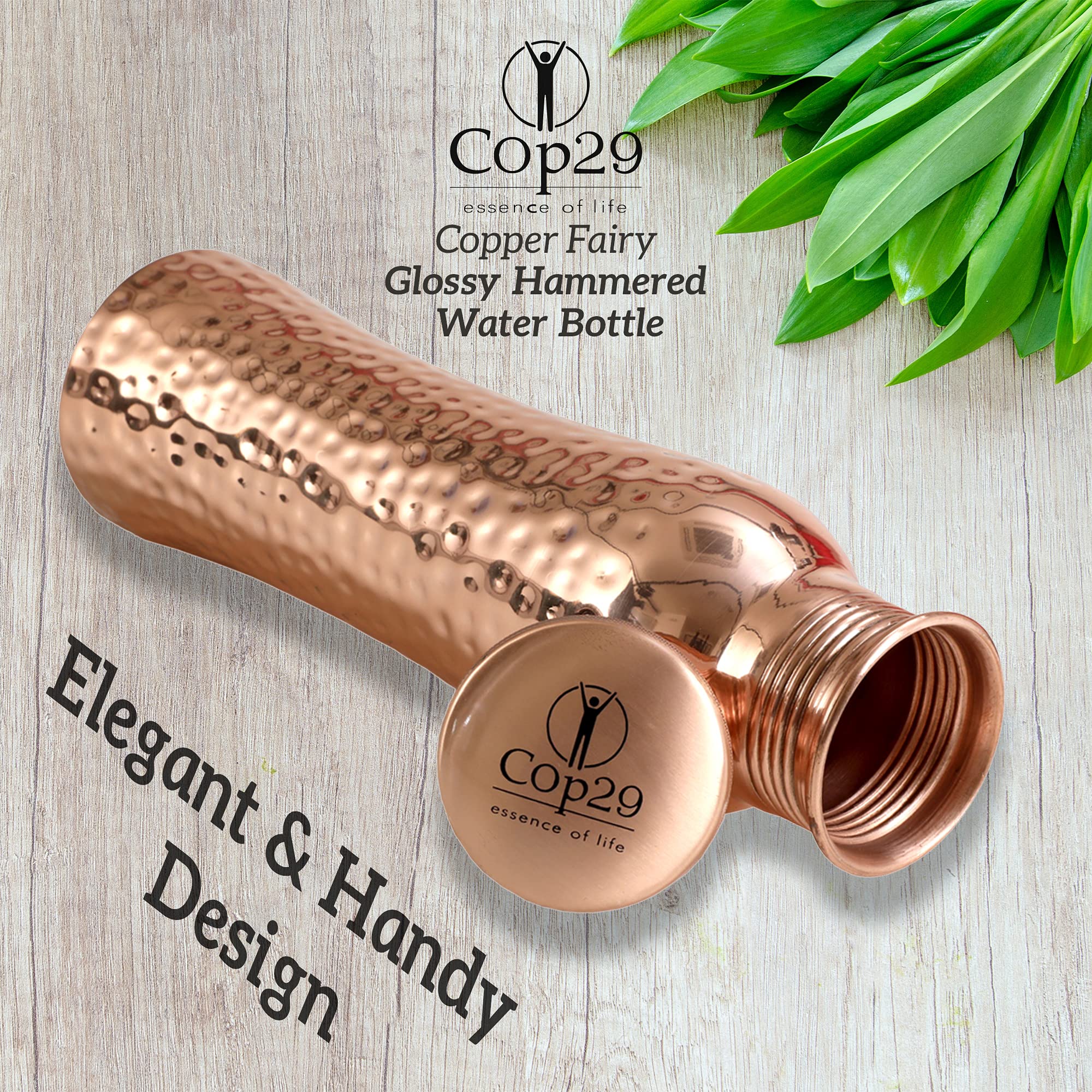 Cop29 Fairy Kupfer-Wasserflasche, glänzend, gehämmert, 900 ml, handgefertigt, auslaufsicher, ayurvedisches reines Kupfer, ideal für Hydratation, Sport, Yoga und den täglichen Gebrauch, genießen Sie
