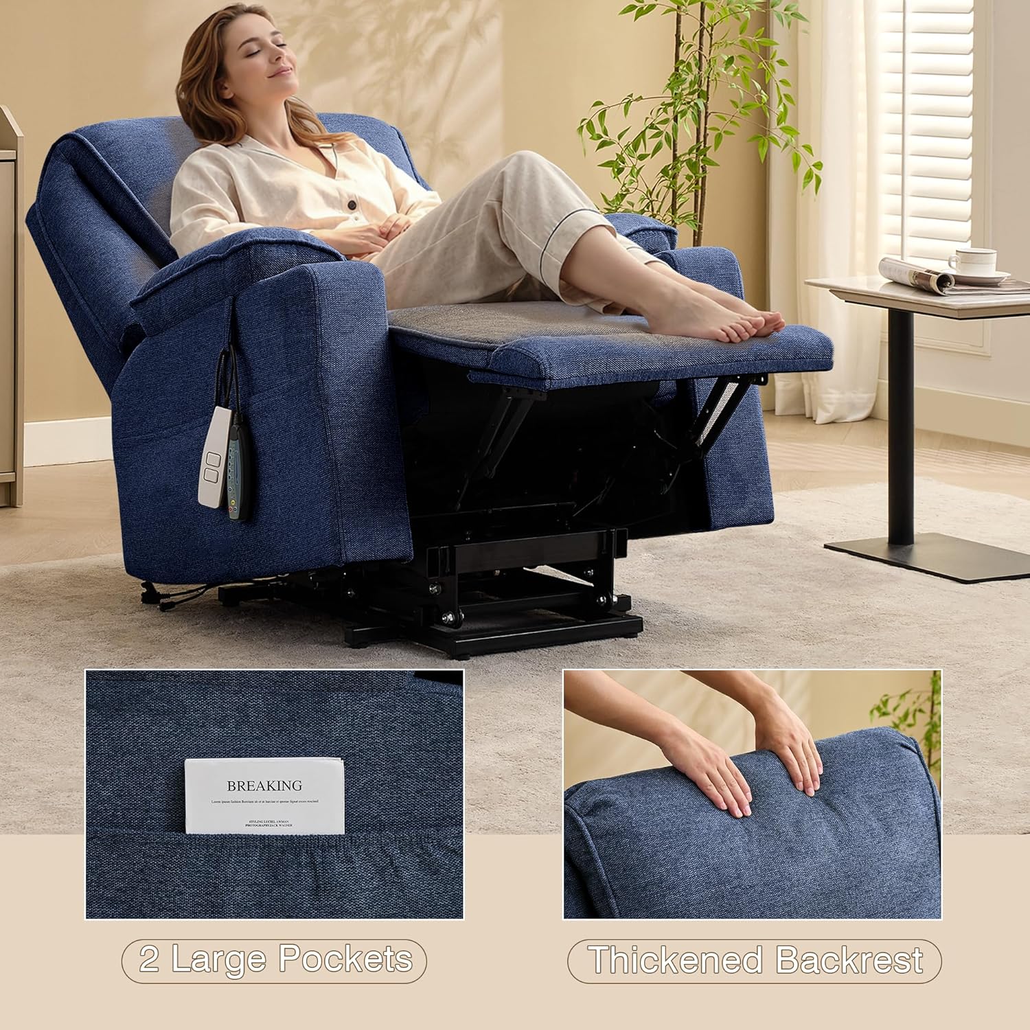 LOUVIXA Recliner Chair showing two large side pockets and a thickened backrest