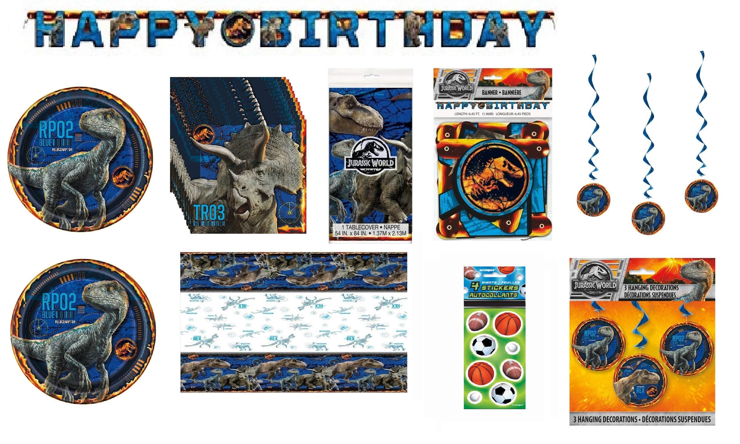 Party Bundle Jurassic World Birthday Party Supplies Decoration Bundle Set for 16 includes Dessert Cake Plates, Napkins, Table Cover, Birthday Banner, Swirl Hanging Decorations