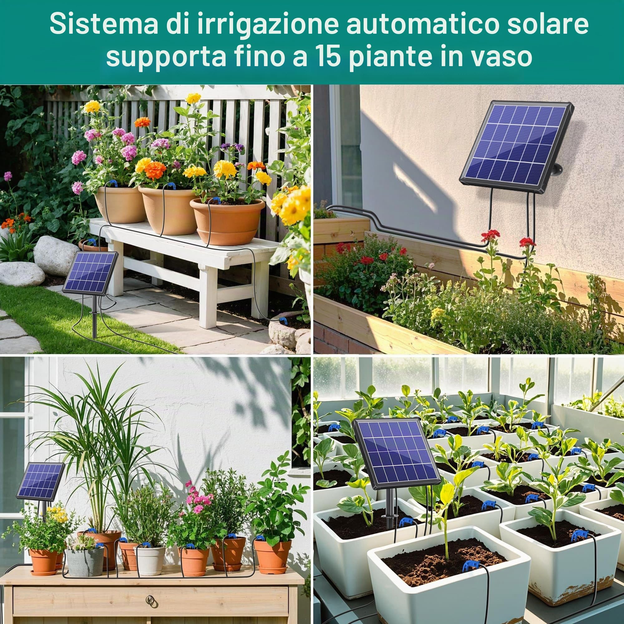 Biling Sistema di irrigazione solare, 15 m, irrigazione automatica a goccia con timer, pannello solare da 2,5 W, per 12-20 vasi, giardino, balcone, serra, irrigazione delle vacanze