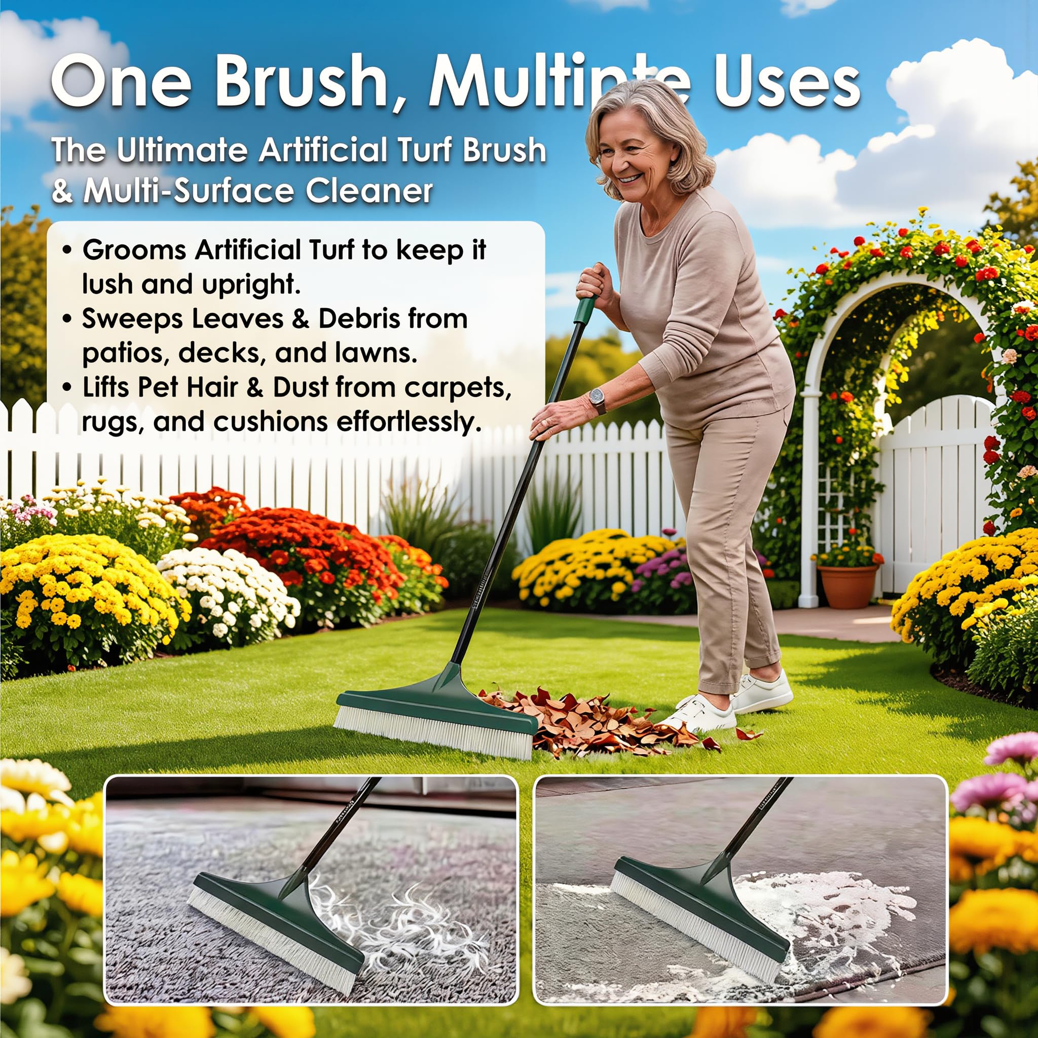 Artificial Grass Brush, 140cm Telescopic Handle, Stainless Steel and Plastic, Green, 43.5cm Brush Head, for Maintaining Artificial Lawns — view 6